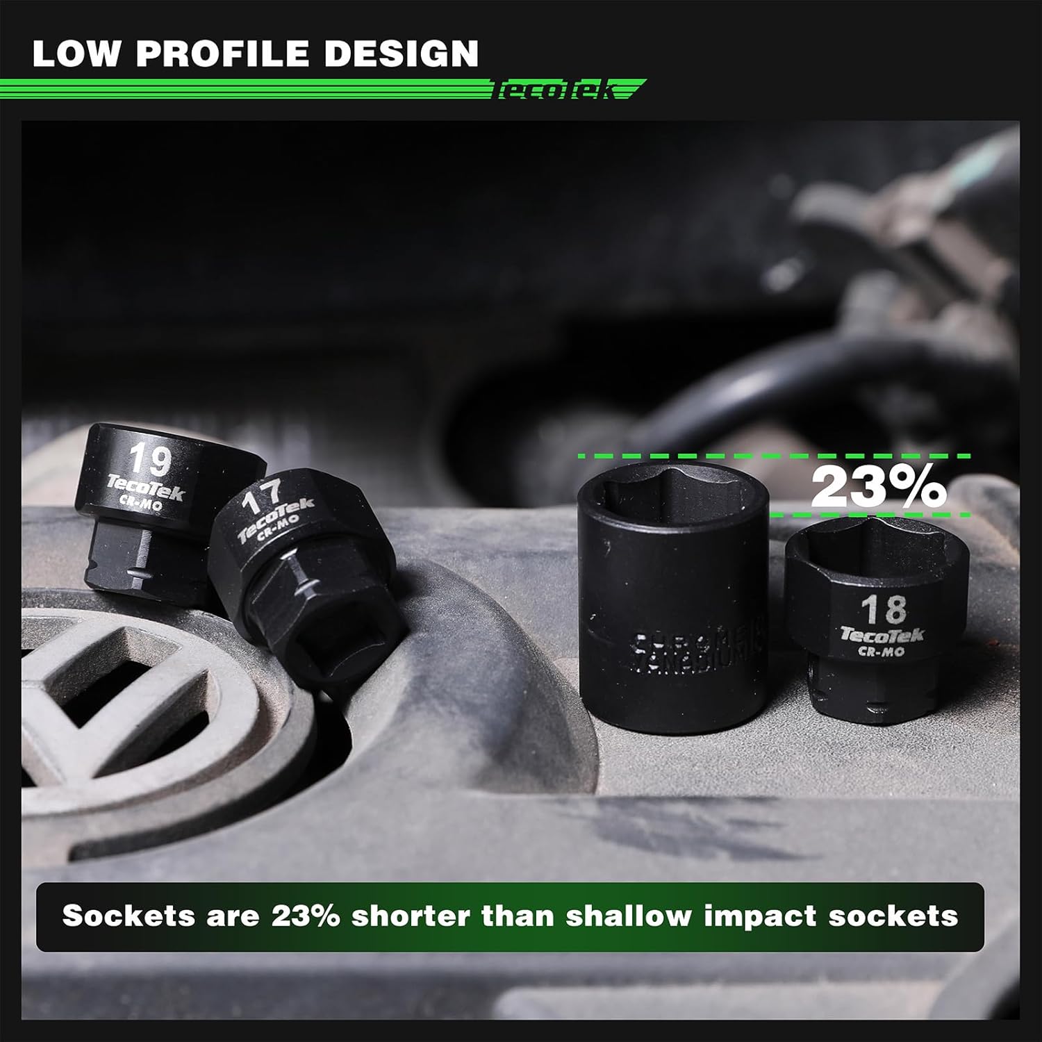 19-Piece 3/8-Inch Drive Metric Low Profile Impact Socket Set, Stubby Socket Set, 6mm-24mm, No Skips Sizes, 6 Point, Cr-Mo, Shorter Socket for Tight Areas