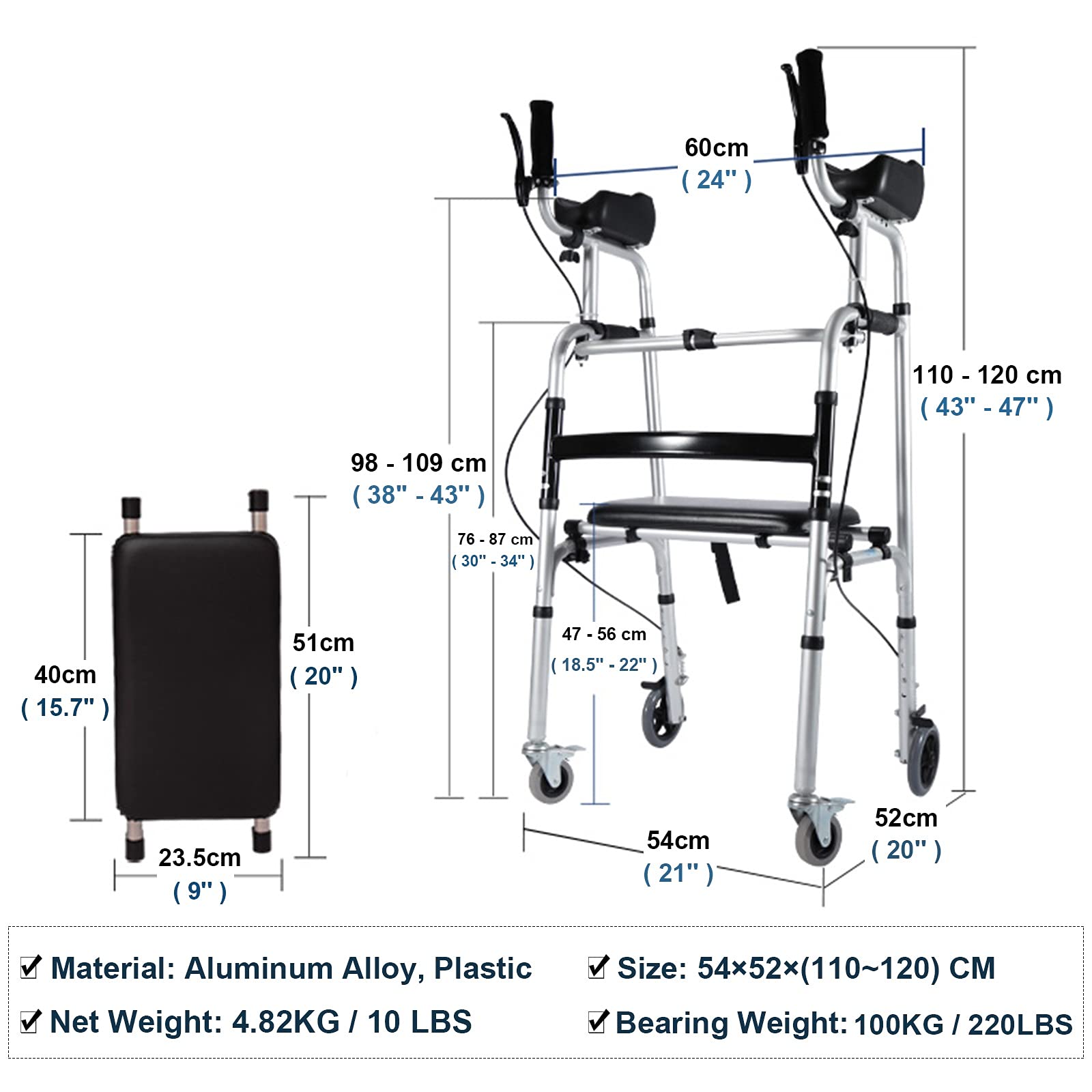 LXLA Gehhilfe für Senioren Senioren Aufrechter Walker Mit Handbremse&Armstütze,1-Knopf-Kompakt-Klapprollator,Leicht Verstellbare Höhe Mobilitätshilfe (Color : with seat)