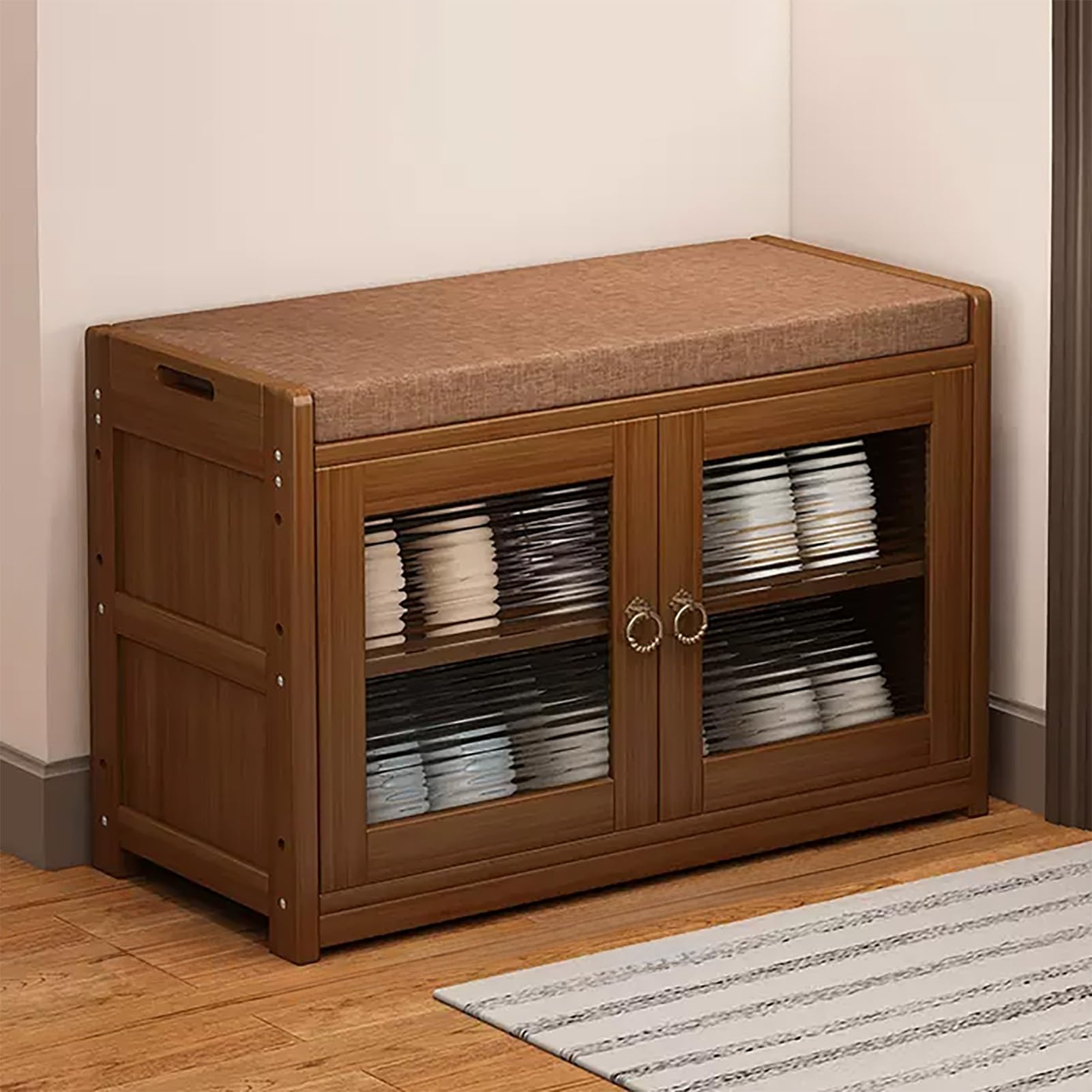 Banc à chaussures en bambou meuble de rangement d'entrée à 2 niveaux avec coussin salon