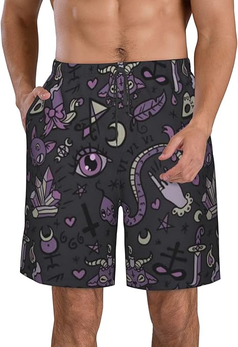 JBYJBX Purple Black Goth Spooky Print Men's Beach Shorts