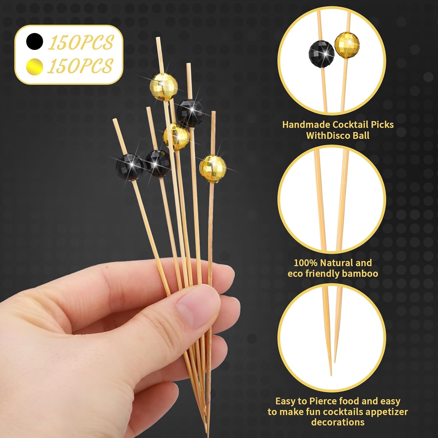 Hushee 300 Pcs Disco Ball Cocktail Picks Bamboo Disco Toothpicks Skewers