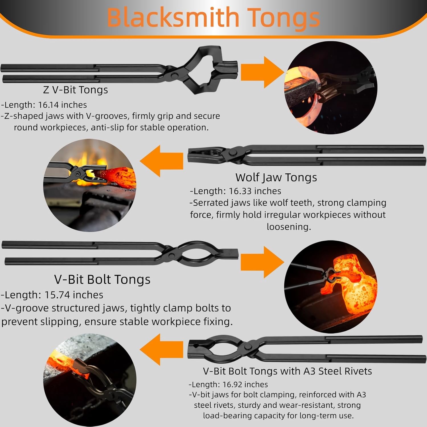 Blacksmith Tongs Set,5PCS Blacksmith Forge Kit for Beginner and Seasoned Blacksmiths, Craftsmen and Bladesmiths