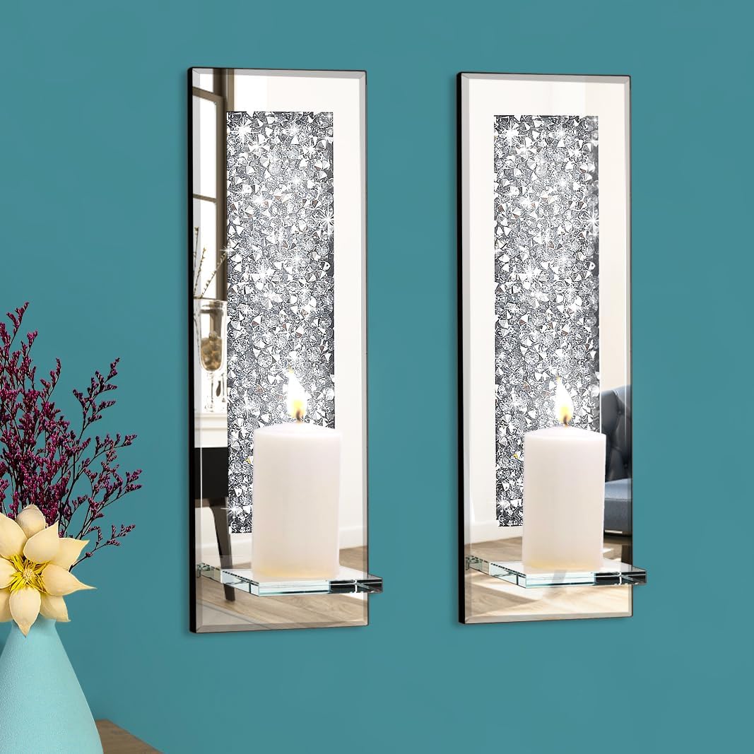 Pibeyer Crystal Crush Diamond Wall Candle holder set of 2, Rectangle Silver Mirrored Candle Sconces, Home Wall decoration for Living Room,Dining Room & Bedroom