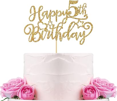 Happy 5th Birthday Cake Topper Childrens 5th Birthday Cake Supplies Boy or Girl Five Years Old Bday Party Decorations Gold Glitter