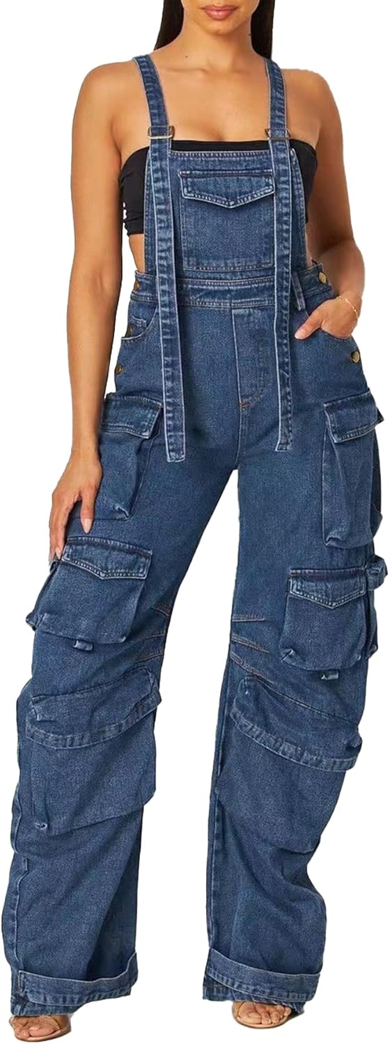 LETSVDO Women's Cargo Denim Overall Jumpsuit Wide Leg Bib Loose Baggy Stretch Casual Jean Overalls Romper Cargo Pants - Image 8
