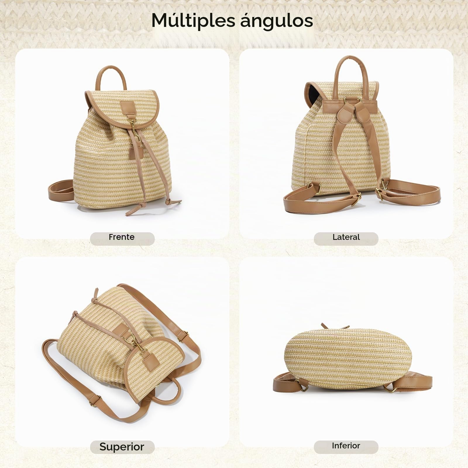 Mochila de paja tejida de mujeres Mochila de moda Mochila de verano de vacaciones en la playa