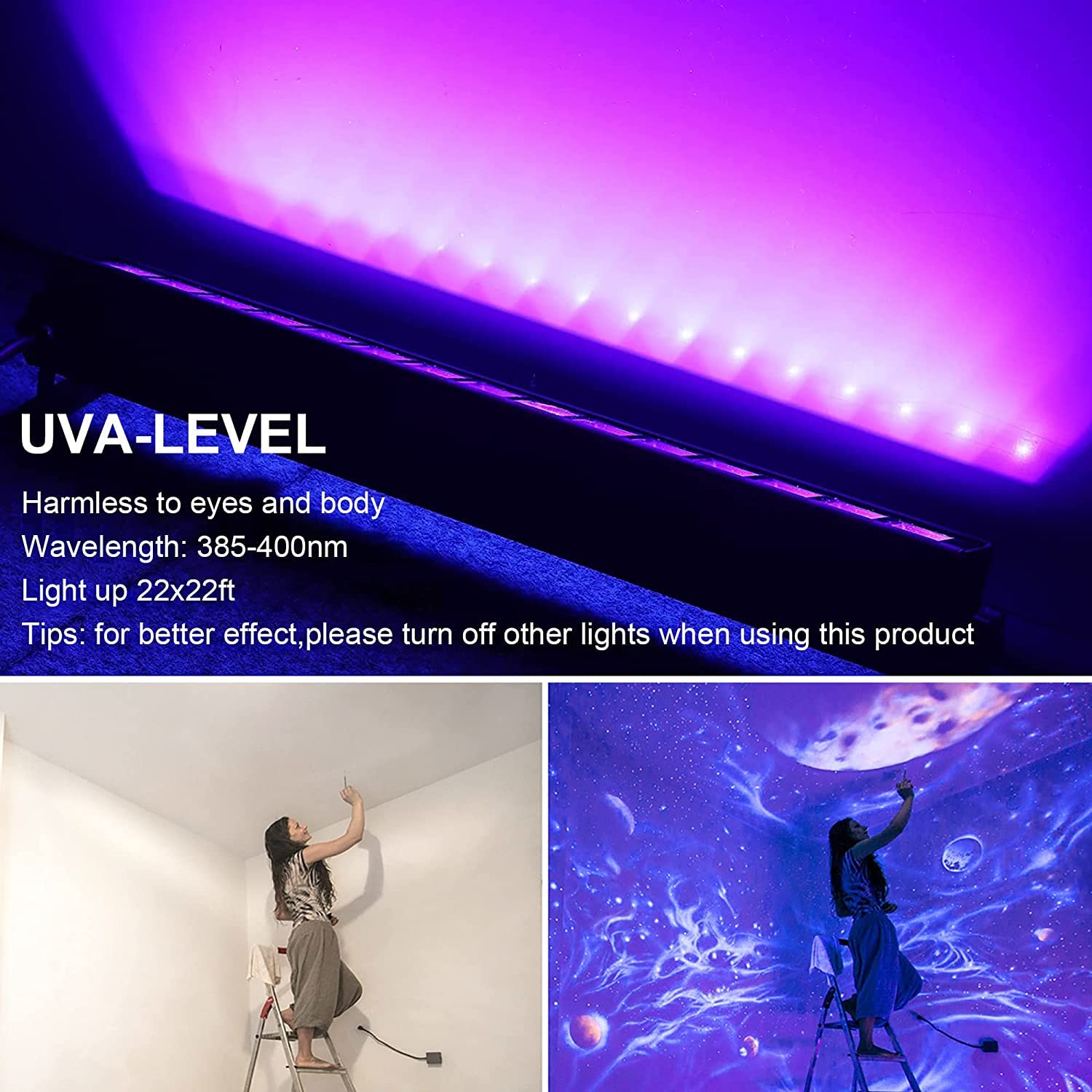 Eleganted 2 Pezzi 36W LED Luce Nera,385-400nm UV Luce Barra a LED Faretto IP66 Lampada Ultravioletta con 1,5m Spina,Proiettore UV con ON/OFF per DJ Discoteca Bar Festa Matrimonio Compleanni Concerti