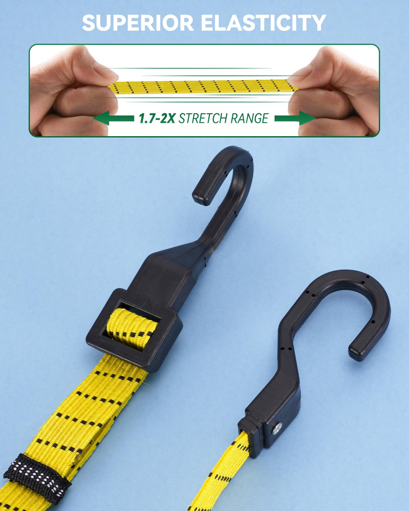Lot de 6 tendeurs élastiques plats réglables de 45,7 cm avec résistance maximale à la rupture de 86,2 kg et boucle en métal facile à régler, sangles élastiques d'extérieur avec crochets pour camping