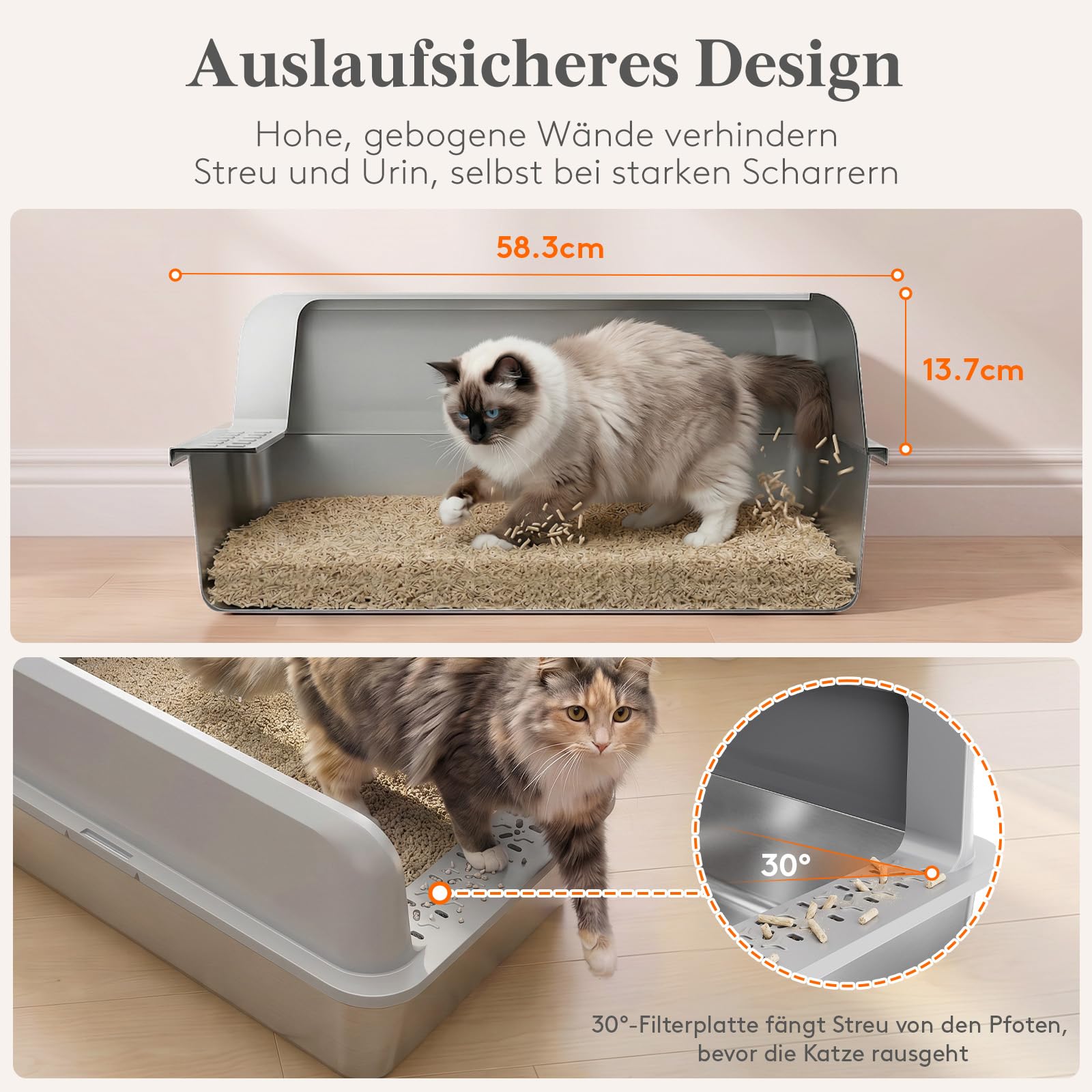 Lifewit Große Katzenklo Edelstahl mit Schaufel, Offene Katzentoilette mit hohem Rand für Mittelgroße und Große Katzen, Geruchsarm Katzen Klo, Cat Litter Box, leicht zu reinigen, 58x37x26cm, Grau