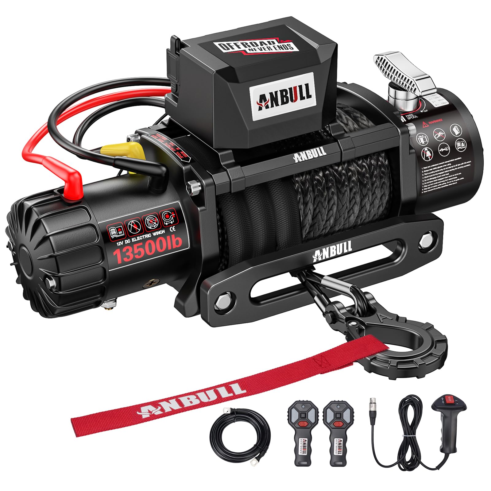 Anbull Cabrestante Eléctrico 12V 13500 LBS/6136 Kg, Cuerda sintética 9.5mm*26m, IP67, 6,6 CV, Cuerda de Nailon, Compatible con Quad, SUV, Camión, Remolque de Barco, Camioneta SUV, Electric Winch 12V