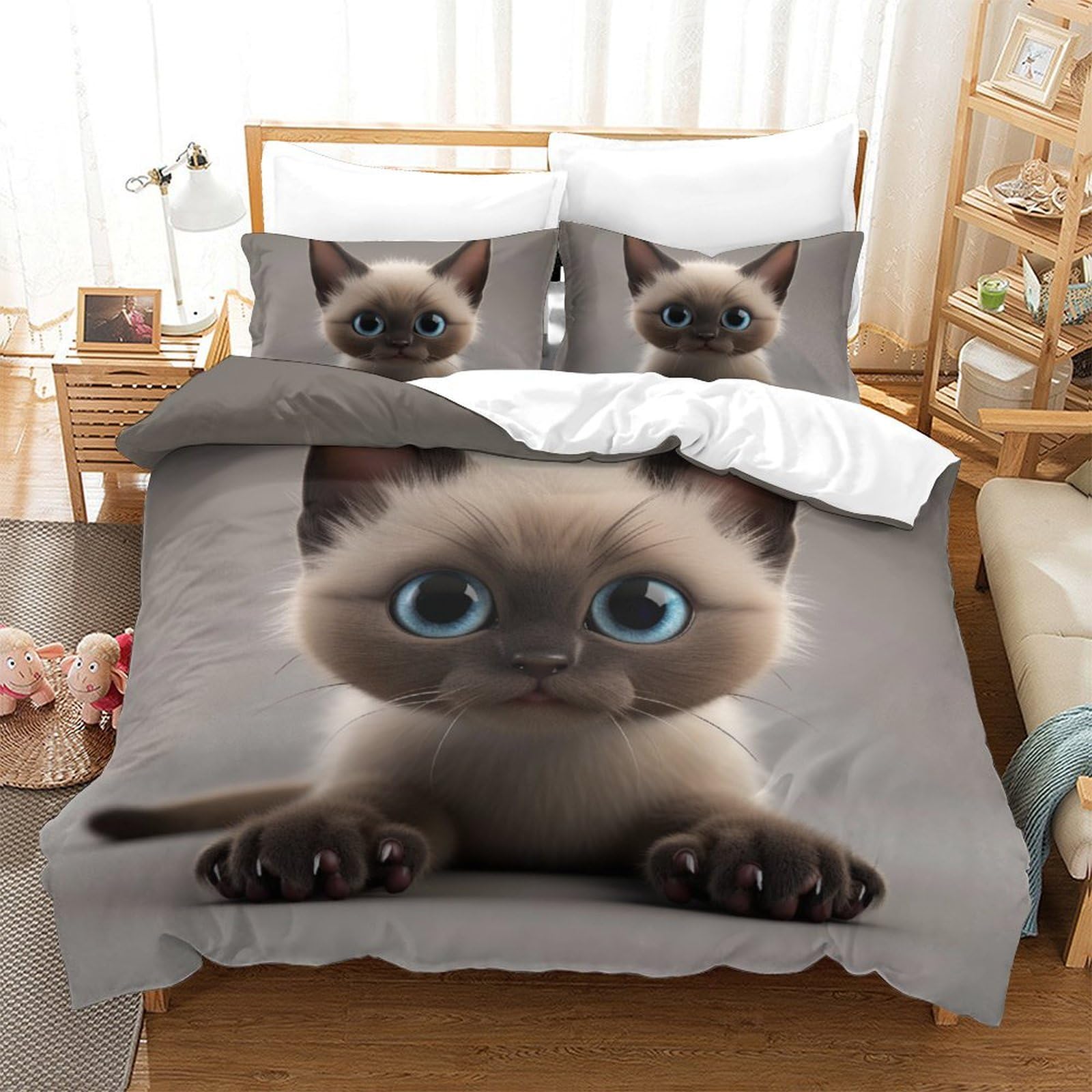 Housse de couette chaton 3D king 220x240cm parure de lit microfibre ado enfant