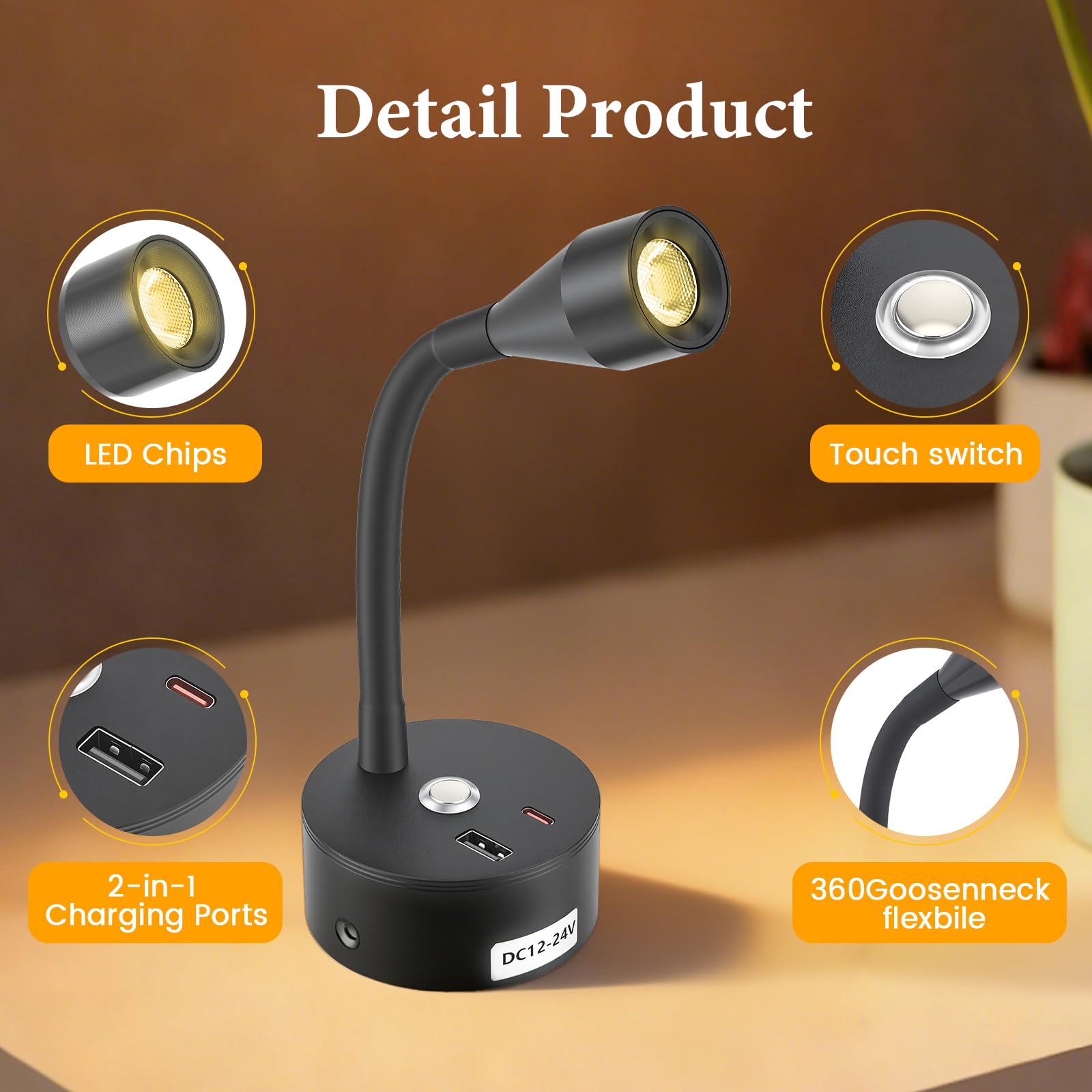 2 Piezas Luz de Lectura LED para Camper, 12V Lámpara de Lectura con Cargador USB & Type-C, Flexible Lámpara Foco de Pared para Autocaravana Furgo Barco (Negro)