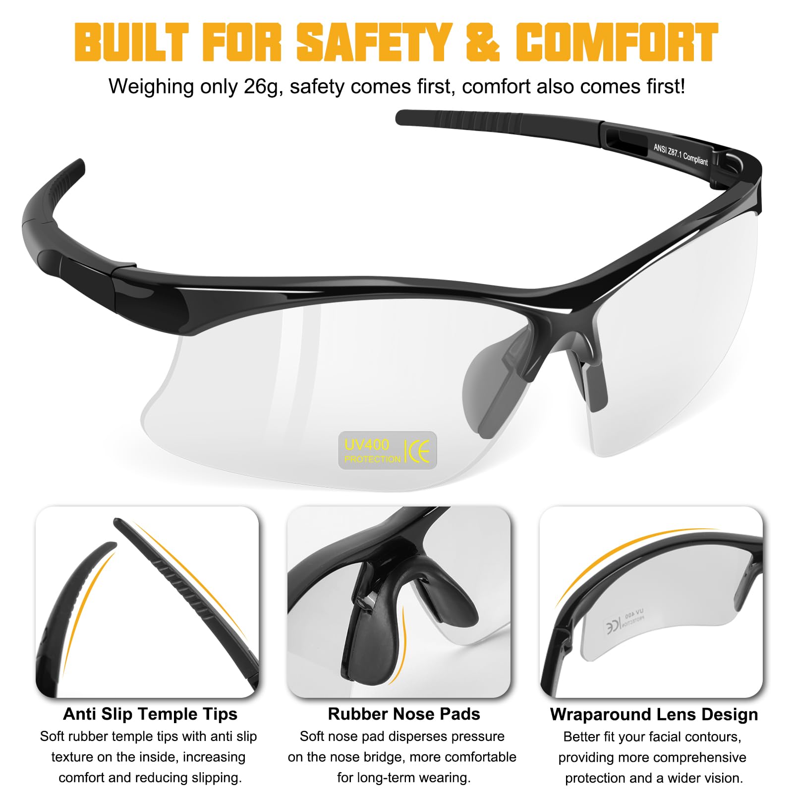OXG Paquete de 6 lentes de seguridad antivaho para hombres y mujeres, ANSI Z87.1, gafas protectoras resistentes a los impactos, protección ocular para el trabajo