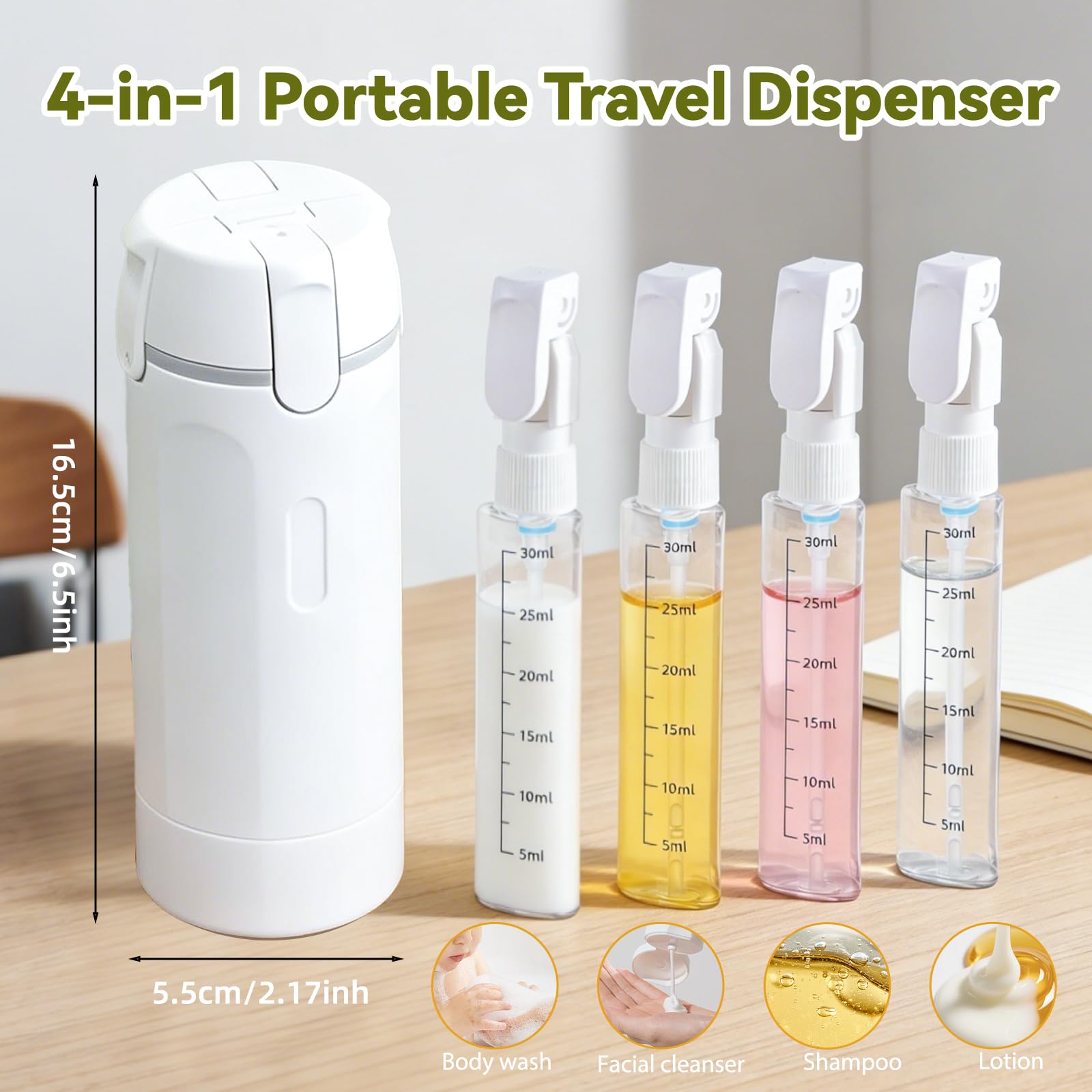 4 in 1 Travel Dispenser,Travel Shampoo and Conditioner Bottles,Refillable Leak Proof Containers Toiletries for Vacation and Business Travel120ML White - 2