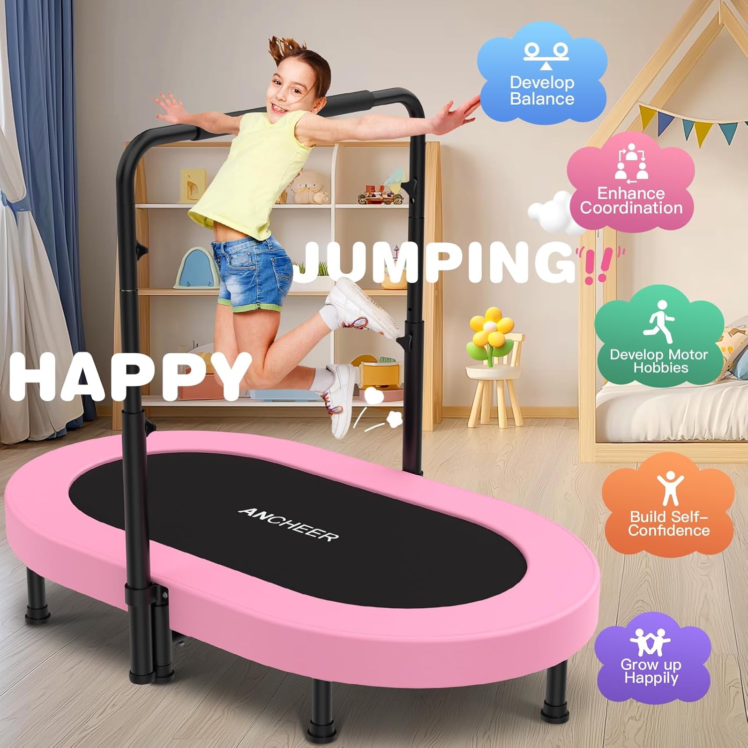 ANCHEER 56" Double Mini Trampoline for Kids, Mini Rebounder with 5-Level Adjustable Handle, Parent-Child Trampoline for Kids, Max Load 220lbs, Fun for Indoor/Outdoor