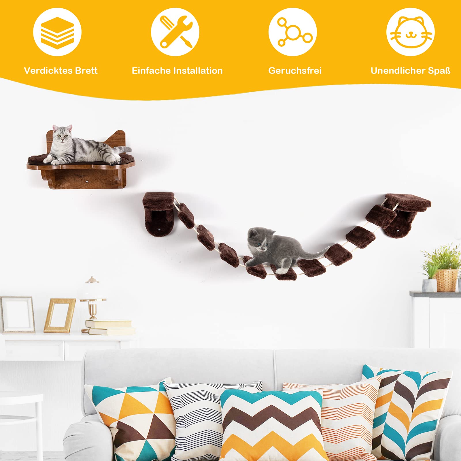 COSTWAY Kletterwand Katzen, 2 in 1 Katzenbrücke und Katzenliege, Katzenhängematte Wand Set, Hängebrücke Katzentreppe, Katzenbett Wandliege Hängematte, Katzenmöbel für Katze bis 10 kg, Braun