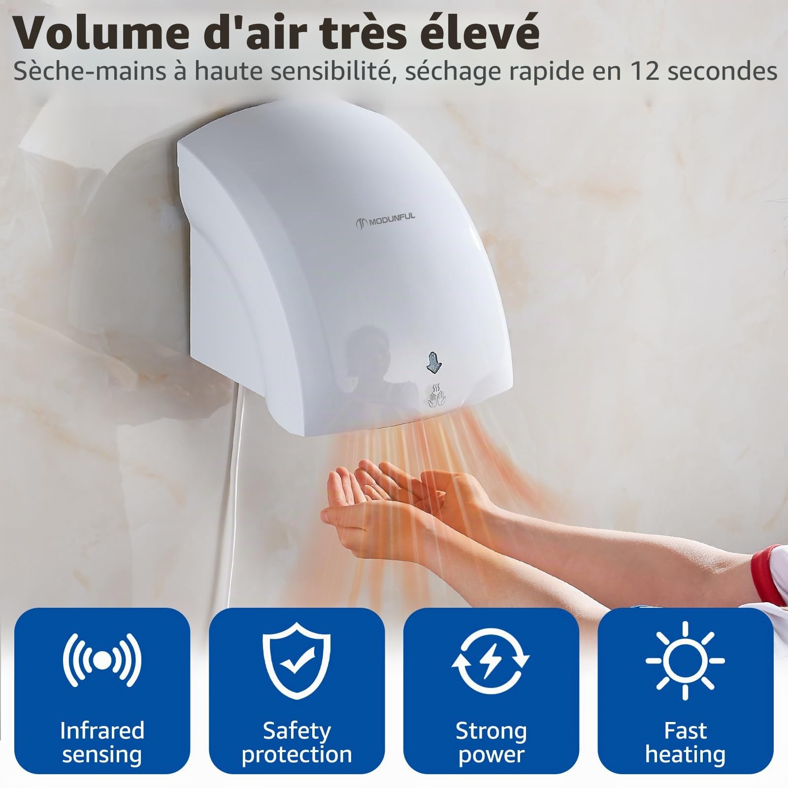 modunful Sèche-mains automatique mural Avec lampe témoin, séchage par vent chaud et froid, compact classique Commercial 220V 2000W Blanc