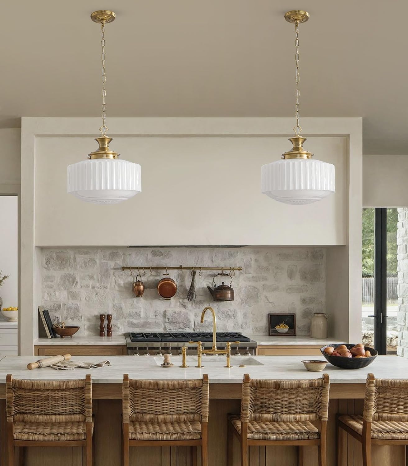 13.78'' Vintage Pendant Light, Milk Glass Chandelier with Brushed Gold Fixture, Pleated Glass Shade, E26 Bulb Included, Light Fixture for Kitchen Island, Dining Room, Foyer, Living Room.