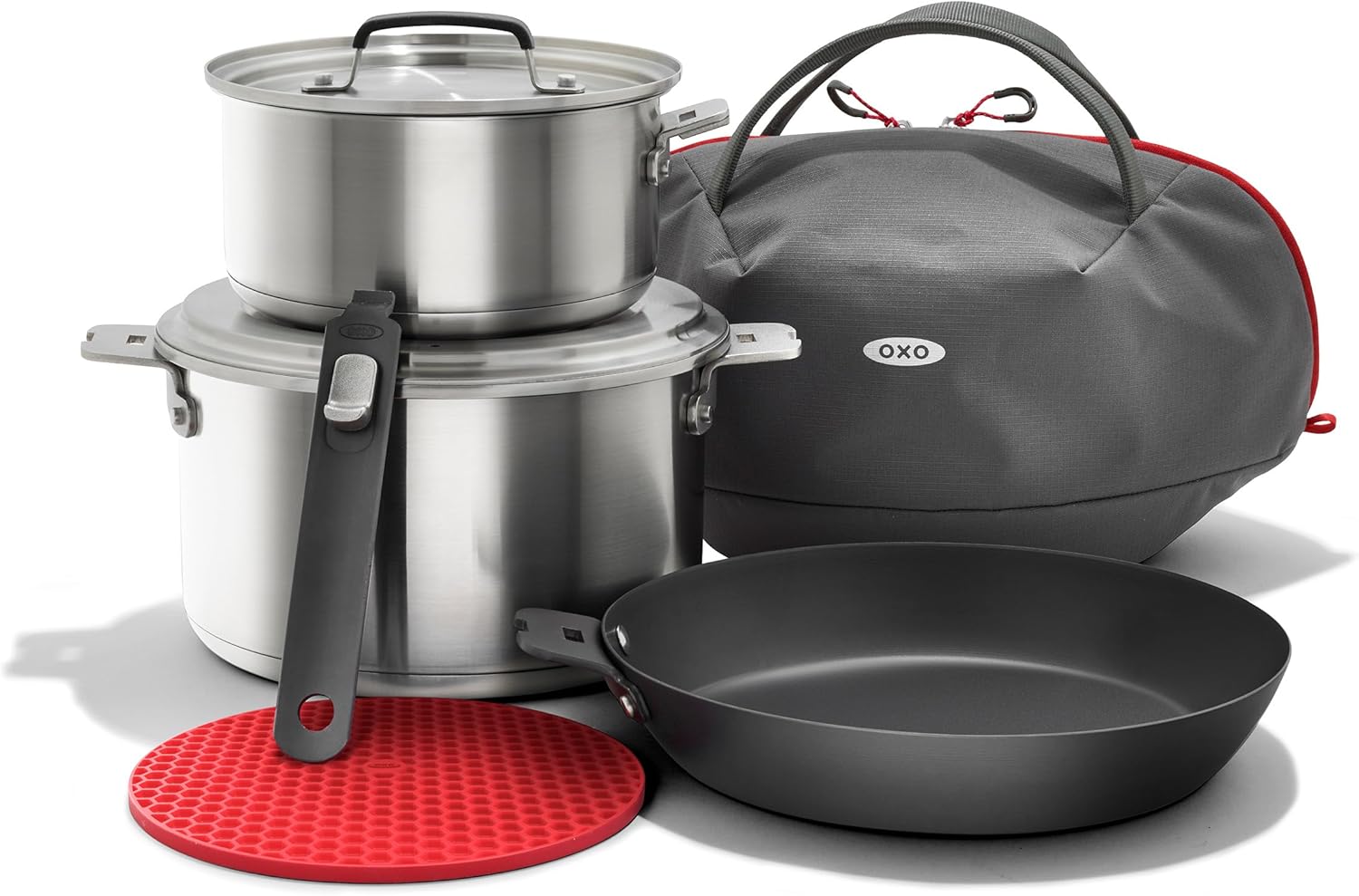 OXO Outdoor 8 Piece Camping Cookware Set, 10″ Pre-Seasoned Carbon Steel Frying Pan Skillet, 2.25QT and 5QT Stainless Steel Saucepans with Lids, Removeable Handle, Trivet, Travel Bag, Space-Saving OXO Outdoor 8 Piece Camping Cookware Set, 10″ Pre-Seasoned Carbon Steel Frying Pan Skillet, 2.25QT and 5QT Stainless Steel Saucepans with Lids, Removeable Handle, Trivet, Travel Bag, Space-Saving