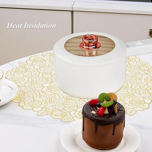 Miniatura 7 de Juego de 6 manteles individuales redondos, manteles individuales dorados para mesa de vinilo con diseño calado de rosas y hojas, limpiables y Oro y