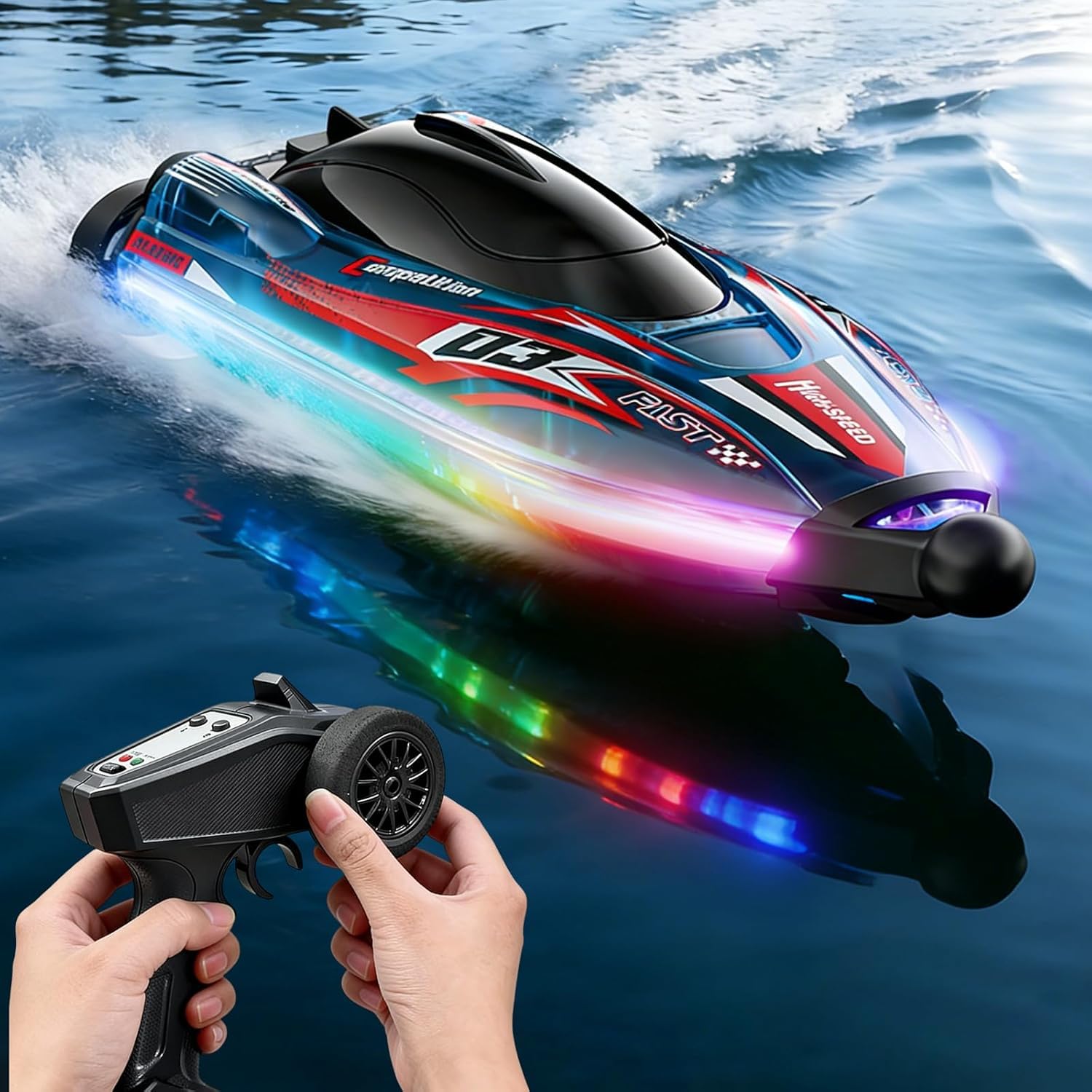 Teledirigido Barco Brusstenless, 2,4 GHz RC Barco con Cool Luz LED | Boat de Carreras Alta Velocidad, Baterías modulares, Impermeable y Anti-vuelco, Juguete de Agua Ideal para 6+ Niños y Niñas