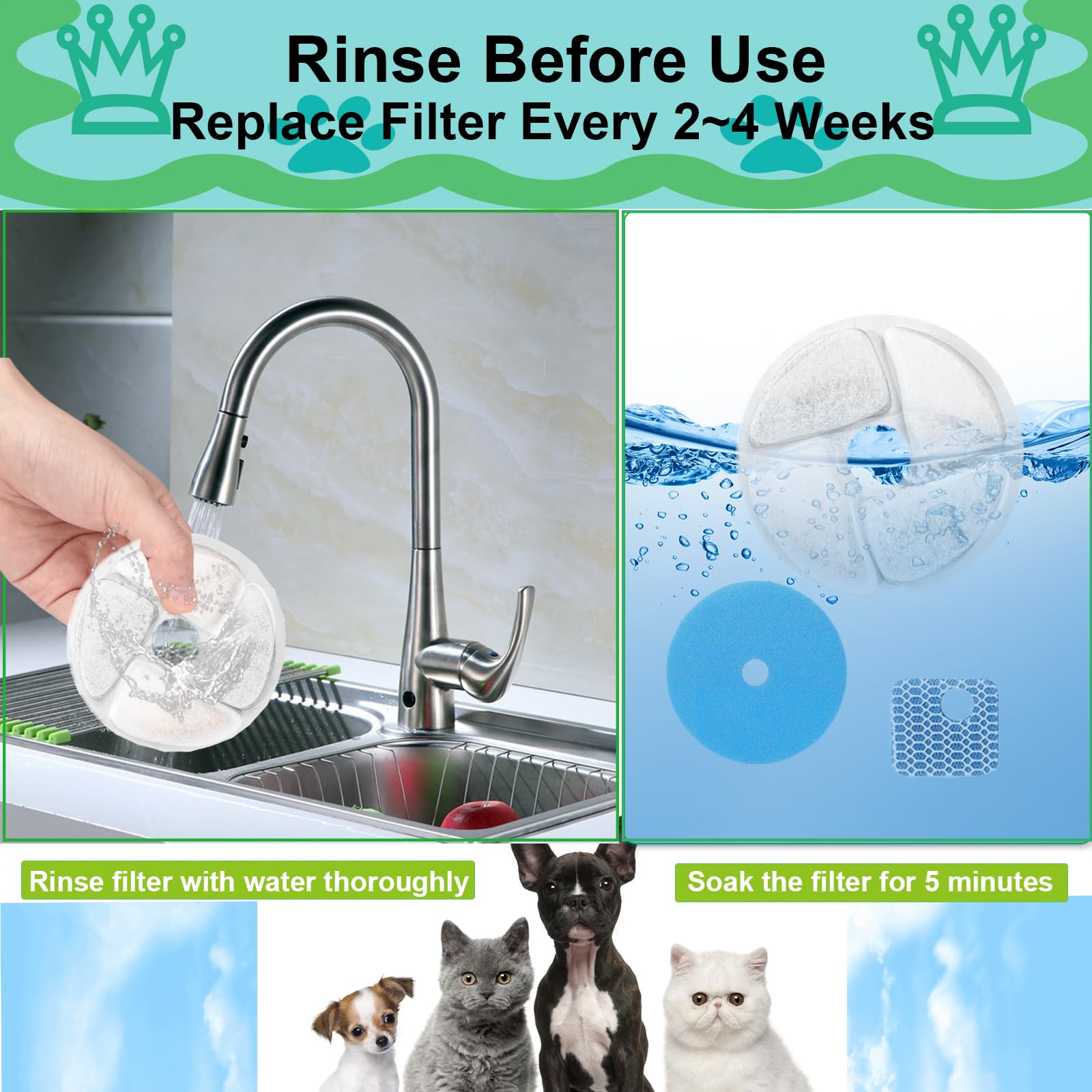 Cat Water Fountain Filter,Cat Fountain Filters Replacement for Square 2.2L/73oz Stainless Steel Pet Water Fountain,5 Pack Pet Fountain Filter Replacement - image 6