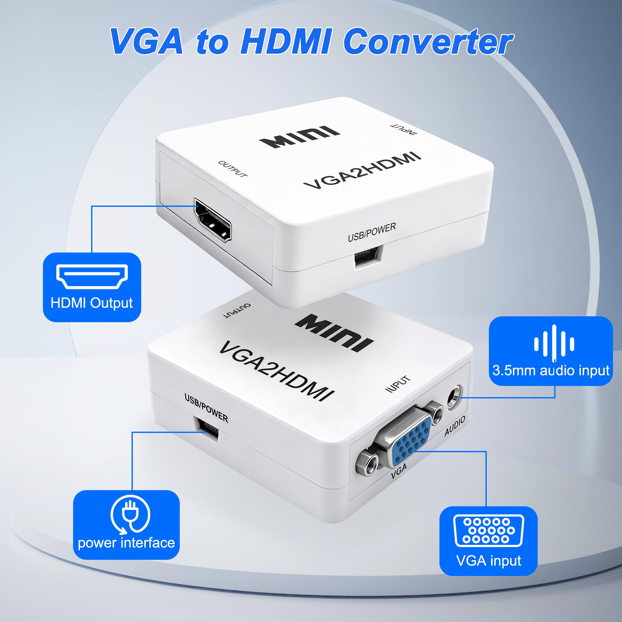 Convertisseur VGA vers HDMI 1080p avec port audio 3,5 mm pour PC, ordinateur portable, projecteur (blanc)