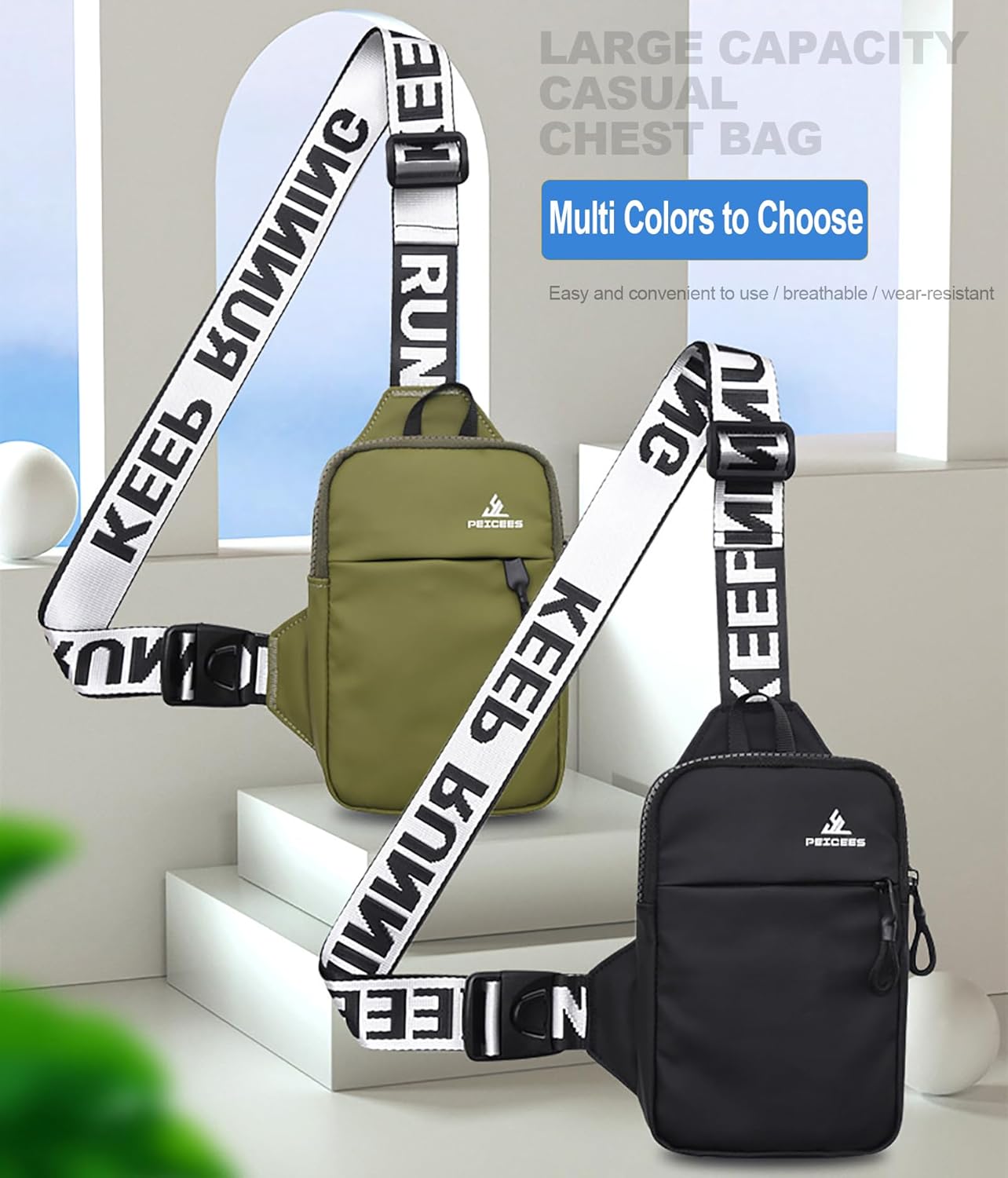 Peicees Mini Crossbody Sling Bag Chest Bag Dual Pocket Water Resistant Fanny Pack Running Phone Holder for Men Women Workout Travel, Army Green - Image 8