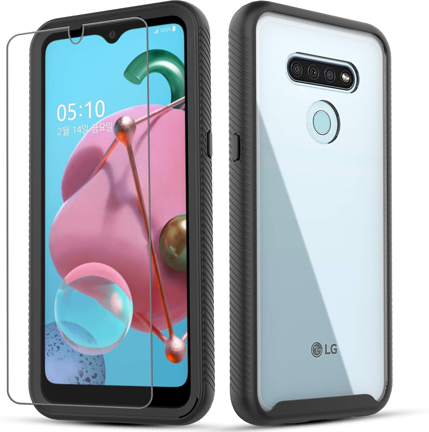 Townshop K51 Case, Full-Body Heavy Duty Shockproof Hybrid Case with [Tempered Glass Screen Protector] Compatible with LG K51 - Clear/Black