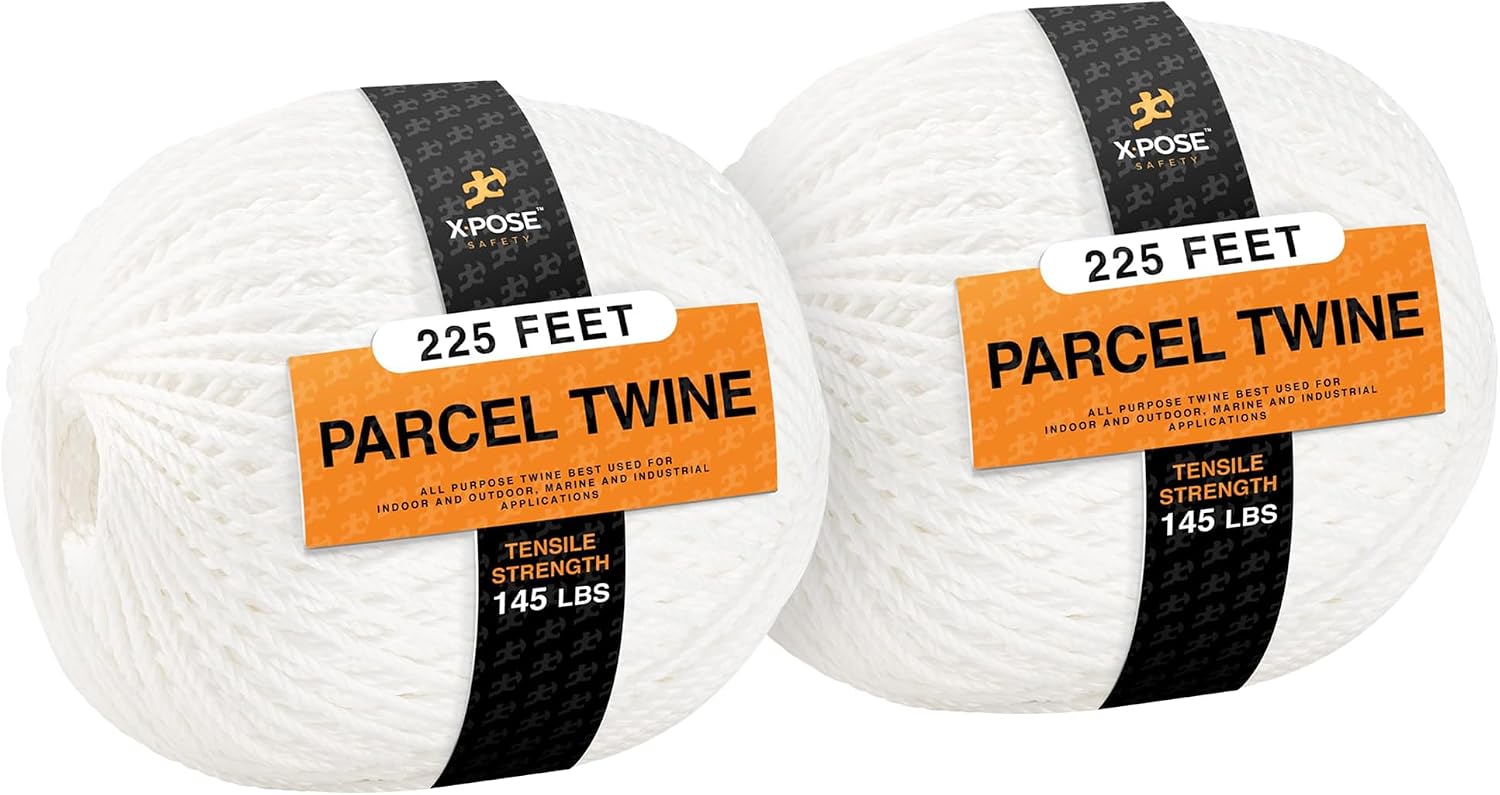 Parcel Twine - Polyester Cord Twine String 225' - Extra Strong Thick White String Spool - Ties Easily and Securely- Packaging Rope, Lacing Cord, Braided Line for Craft Supplies and Packing 2 Pack
