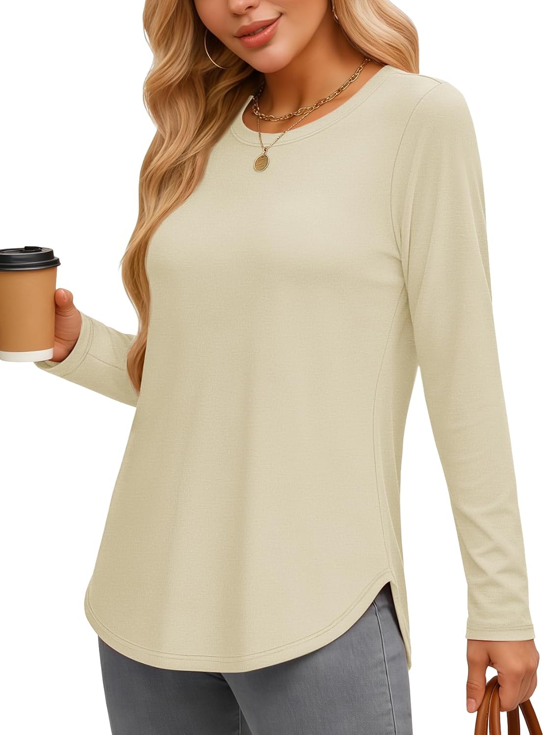 YUCOLEN Womens Tunic Tops Long Sleeve Shirts to Wear with Leggings Loose Fit Crewneck Curved Hem Basic Casual - Image 4