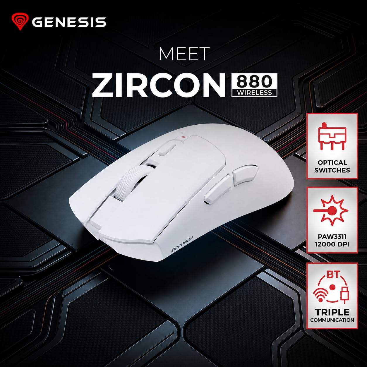 Genesis Zircon 880 - Ratón inalámbrico para videojuegos (12000 ppp, modo triple), color blanco | Ratón inalámbrico E-Sport con sensor PAW3311, 64 g, Kailh Optical, 6 botones, 2,4 GHz, Bluetooth y USB-C