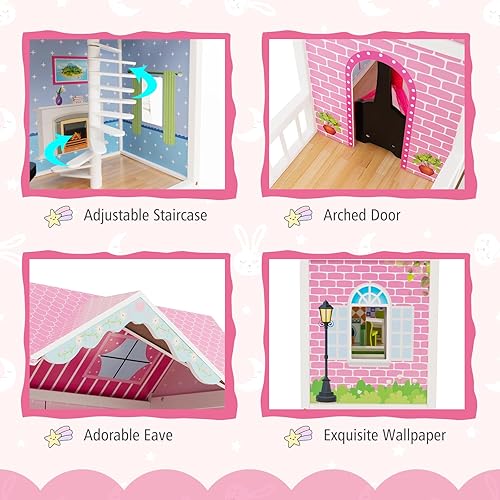 Miniatura 7 de HONEY JOY Casa de muñecas rosa, casa de muñecas de ensueño de madera de 3 pisos con ascensor y escalera de trabajo, 10 piezas de accesorios de juego