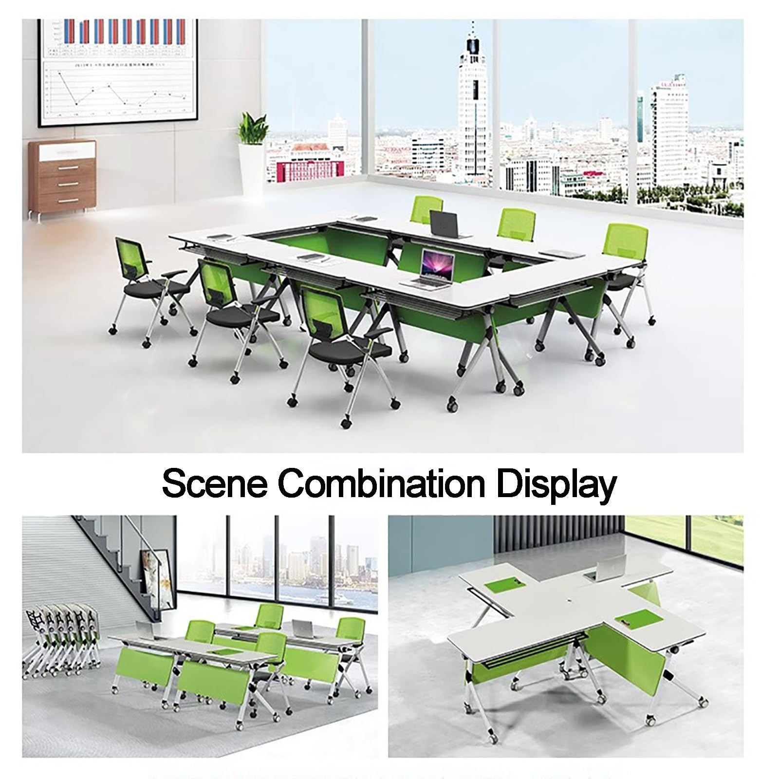 Mesa de sala de conferencias, paquete de 4 mesas de entrenamiento plegables móviles con tapa abatible y estante de almacenamiento para seminarios de oficina