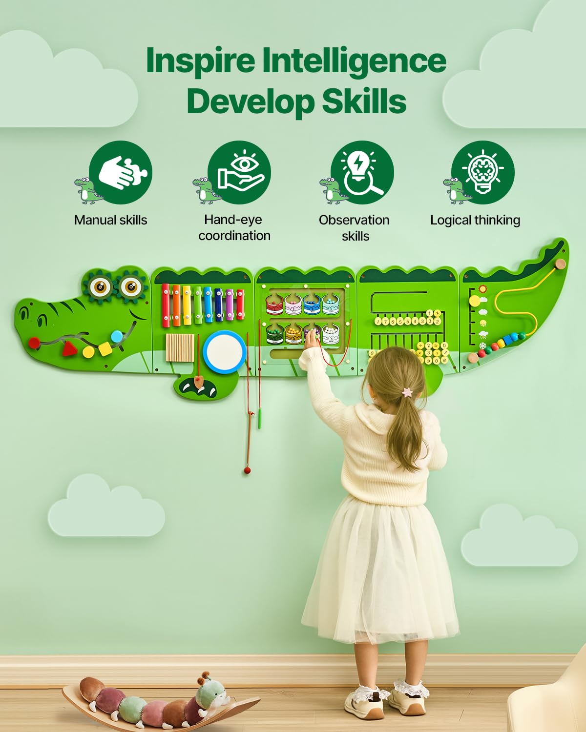 VEVOR Panneaux Muraux d'Activités Crocodile, 9 Jeux, Jouet Mural Sensoriel Montessori pour Enfants 3-12 Ans, Centre d'Activités d'apprentissage, Salle de Jeux des Tout-Petits, Crèche, Salle de Classe
