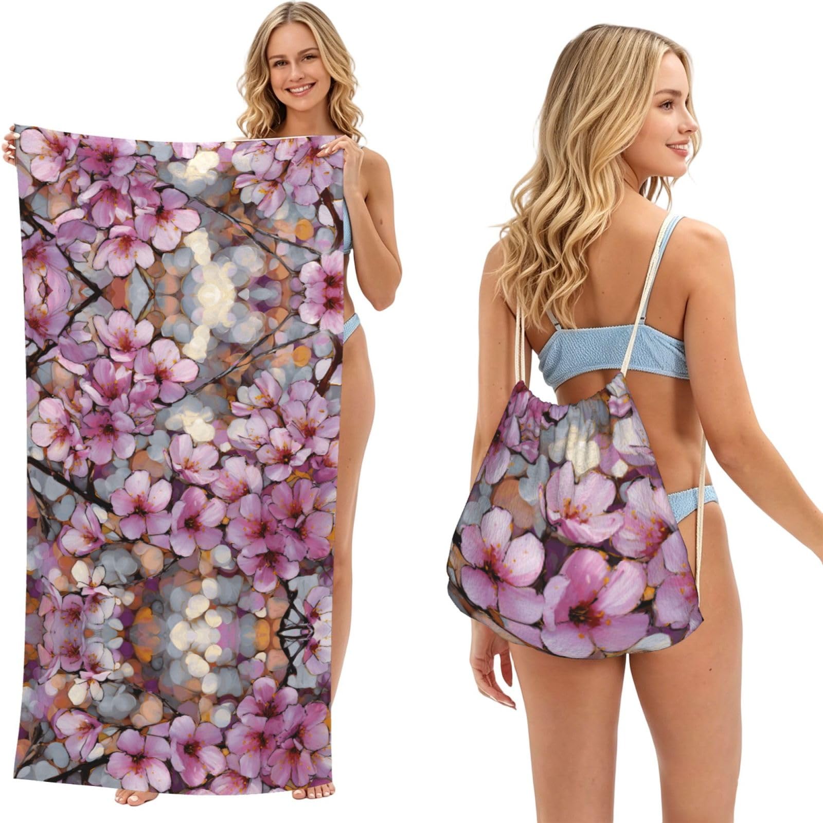 EZDLOWVBA Cherry Blossoms Print Beach Towel Backpack 2 In 1 Summer Large Lightweight Beach Towel - Multifunctional Ship Pattern Towel Bag For Storage,Sport