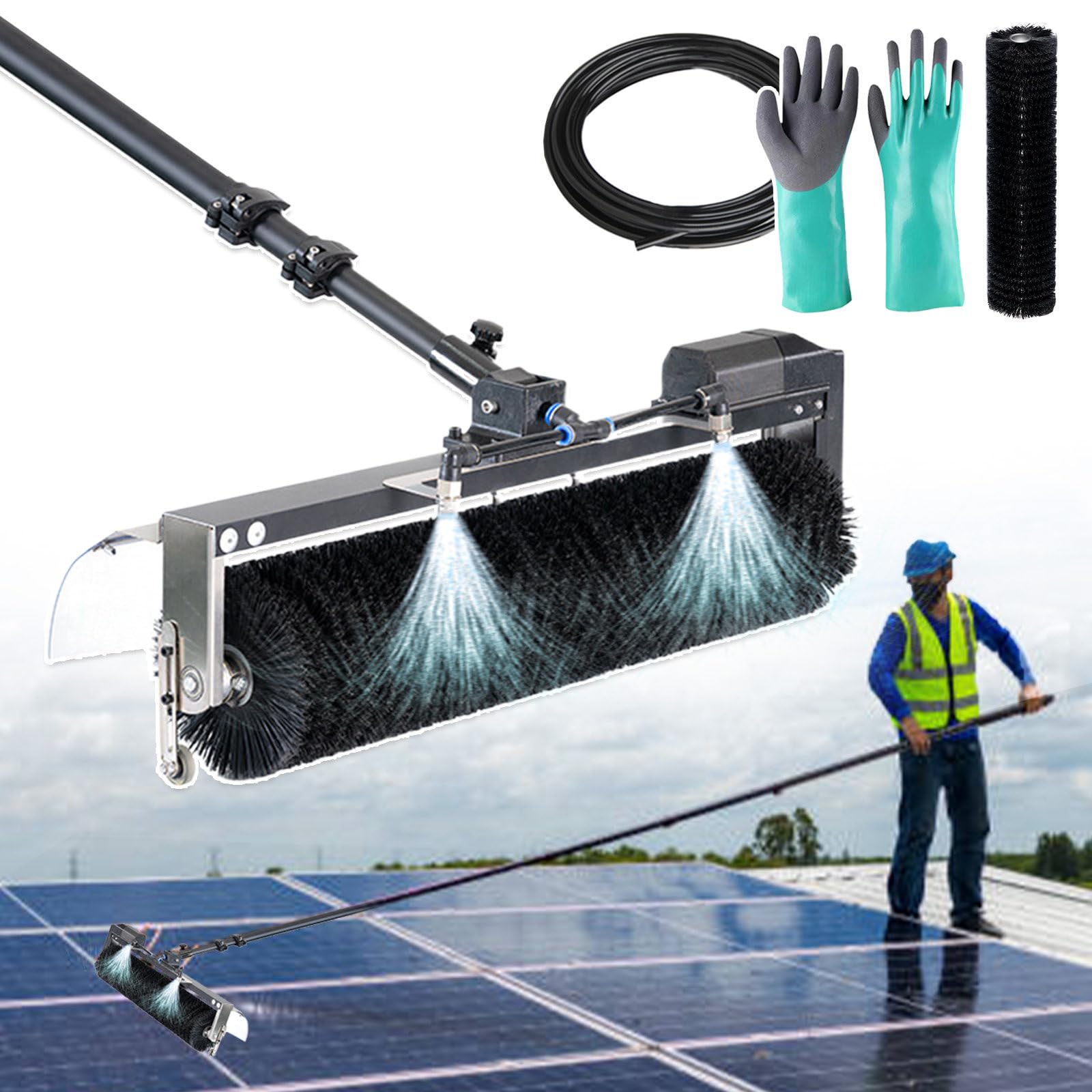 ASerZenith Solar Panel Cleaning Kit - 7.5M Telescopic Pole, Automatic Rotating Brush, Ideal For Windows & Photovoltaic Systems, Electric Rolling Brush Head Included,7.5M