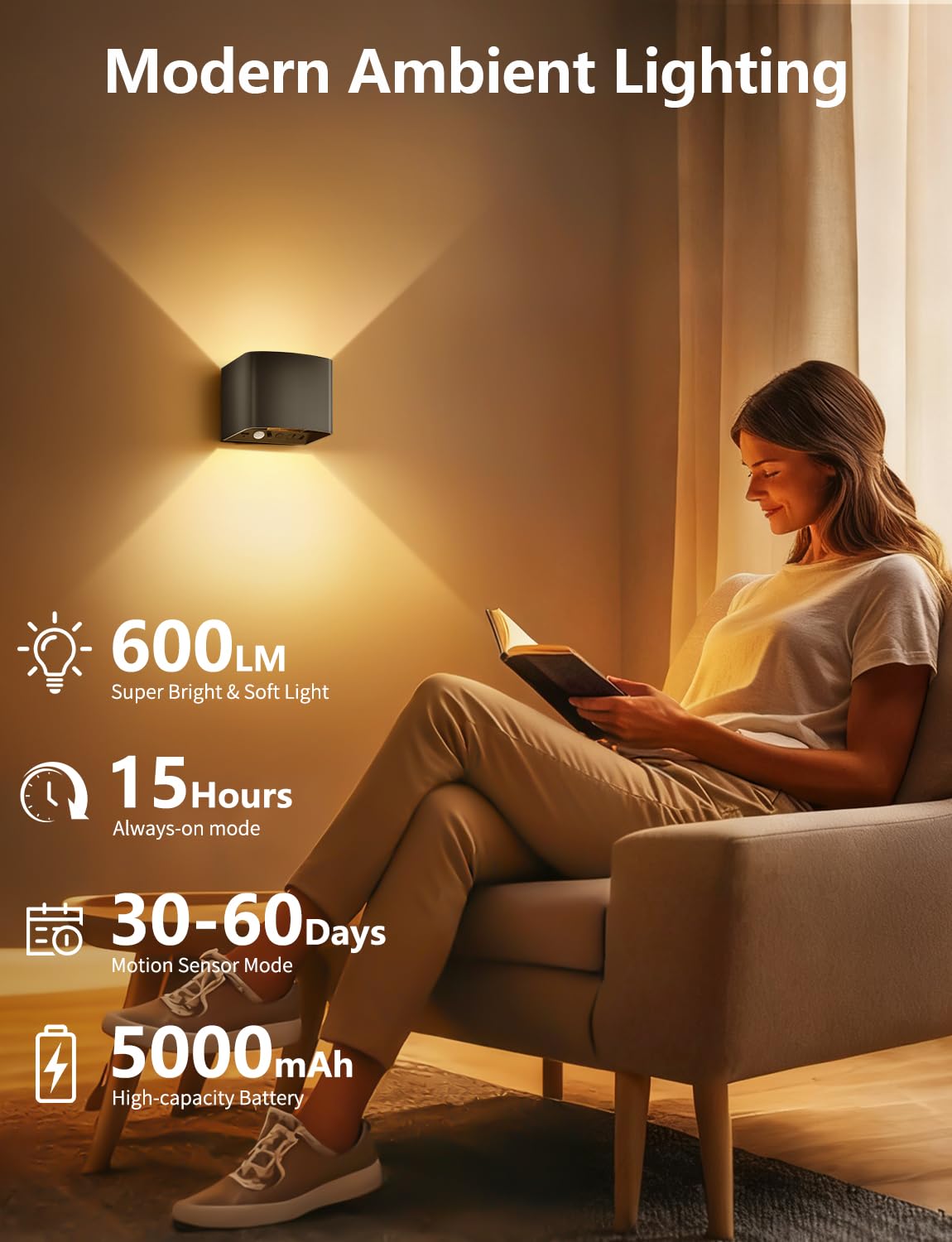 GeyouLux 6000mAh Akku Wandleuchte Innen mit Bewegungsmelder, Wandlampe mit Fernbedienung Einstellbar Abstrahlwinkel, 3 Modi 2700K-6500K Dimmbar Timer LED Aufladbare Wandleuchte für Treppe Flur 4 Stück