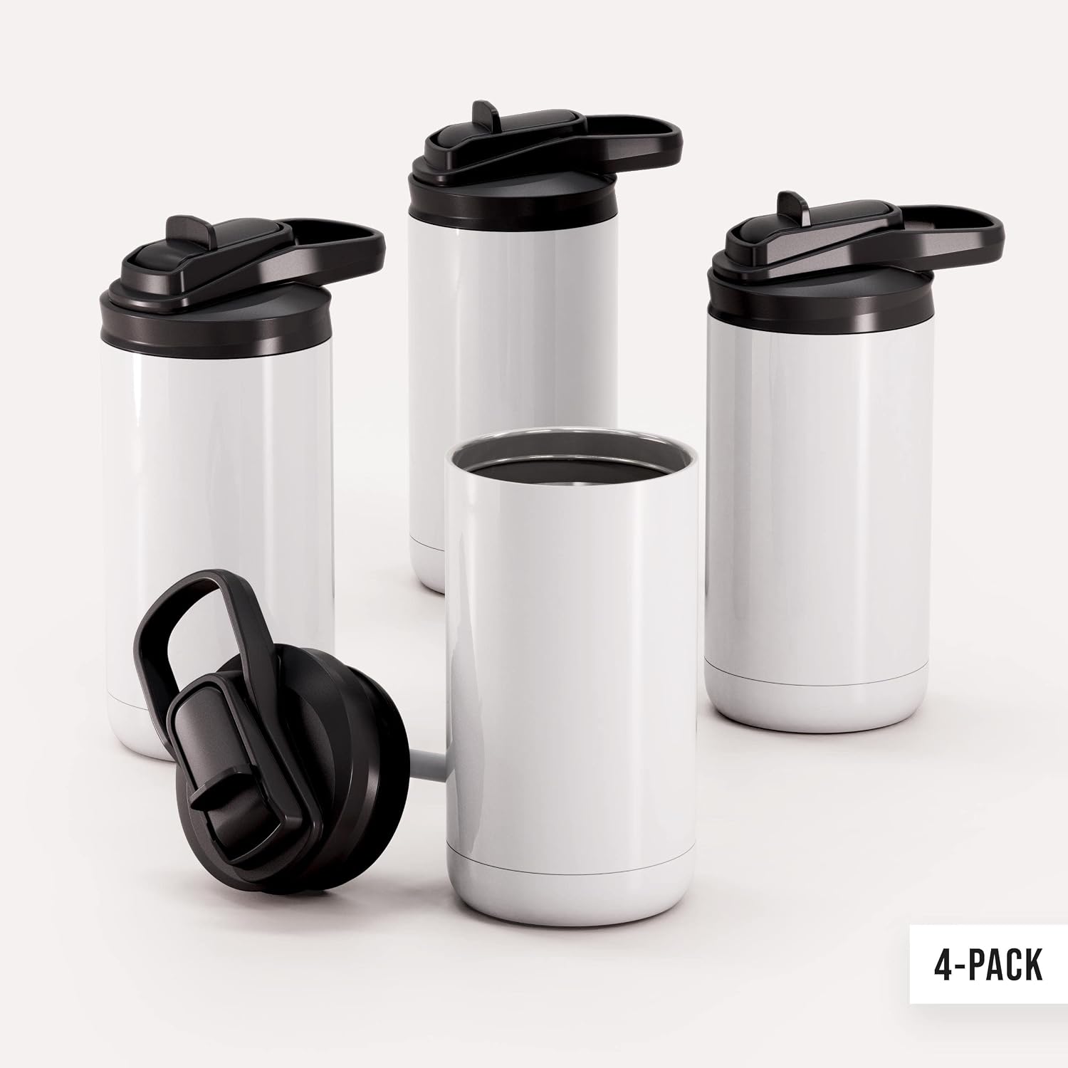 Maars Maker Kids 12oz Sublimation Blank Water Bottle | Individually Boxed, Polymer Coated Skinny Straight Stainless Steel Tumbler with Flip Up Straw Lid - Gloss White/Black, 4 Pack