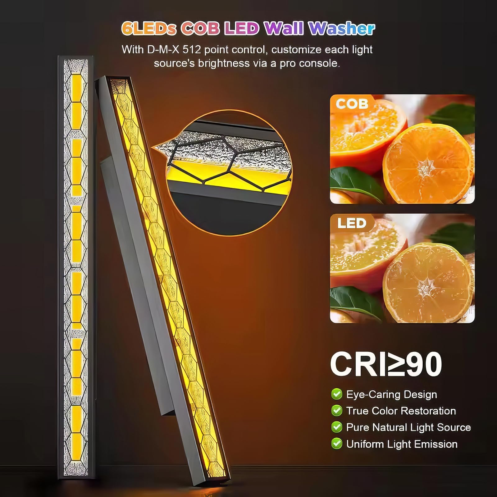 Luces LED de pared, barra de luces LED para escenario con 6 LED COB ámbar y RGB de fondo, efectos multicolor, control de estrobo y píxeles, DMX, activación por voz, luz estroboscópica para discotecas