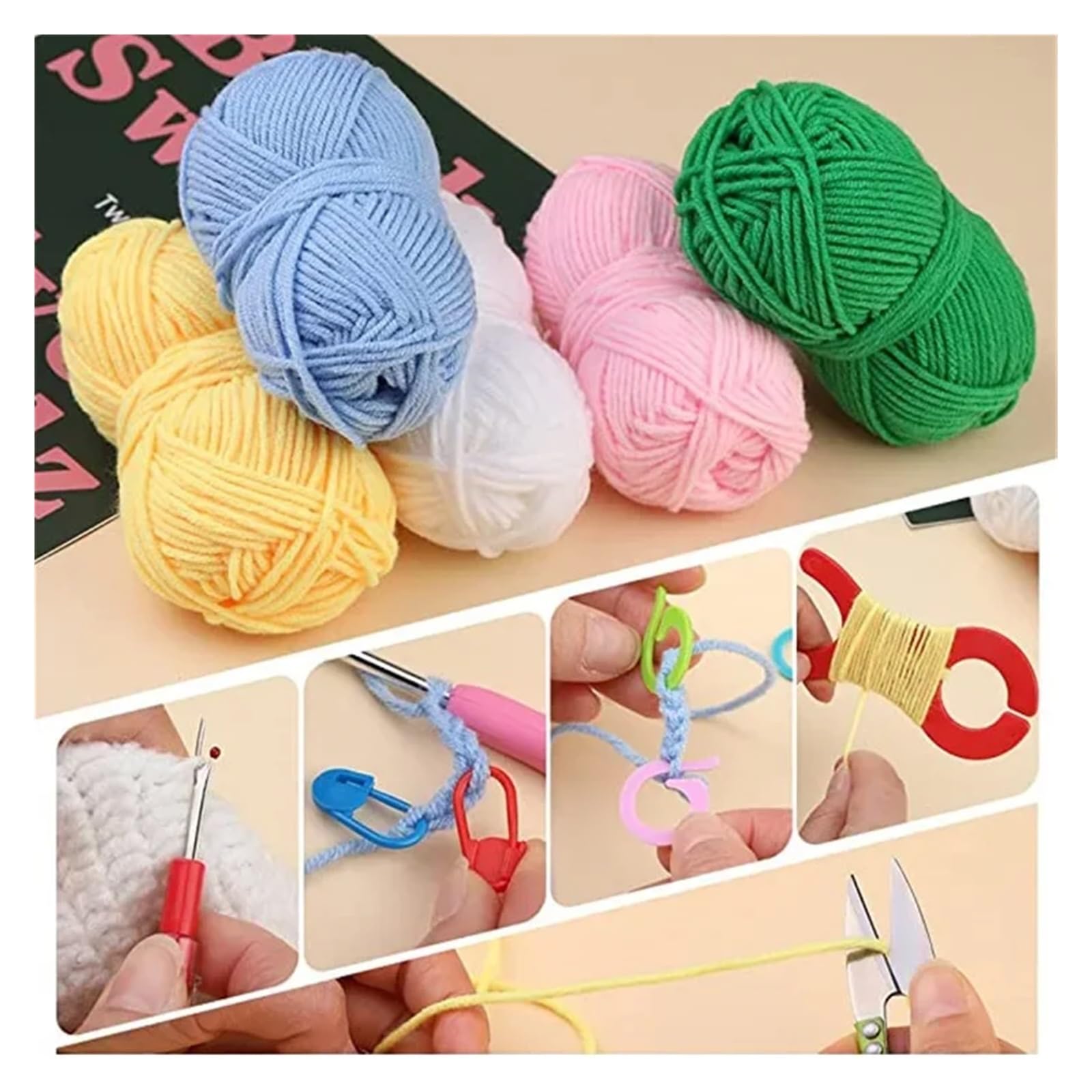 OPIGJUFD Kits de Ganchillo Juego de bolsa crochet portátil, herramienta for tejer lana, regla costura, agujas, hilo, kit completo material para Proyectos de Manualidades(107 pcs set)