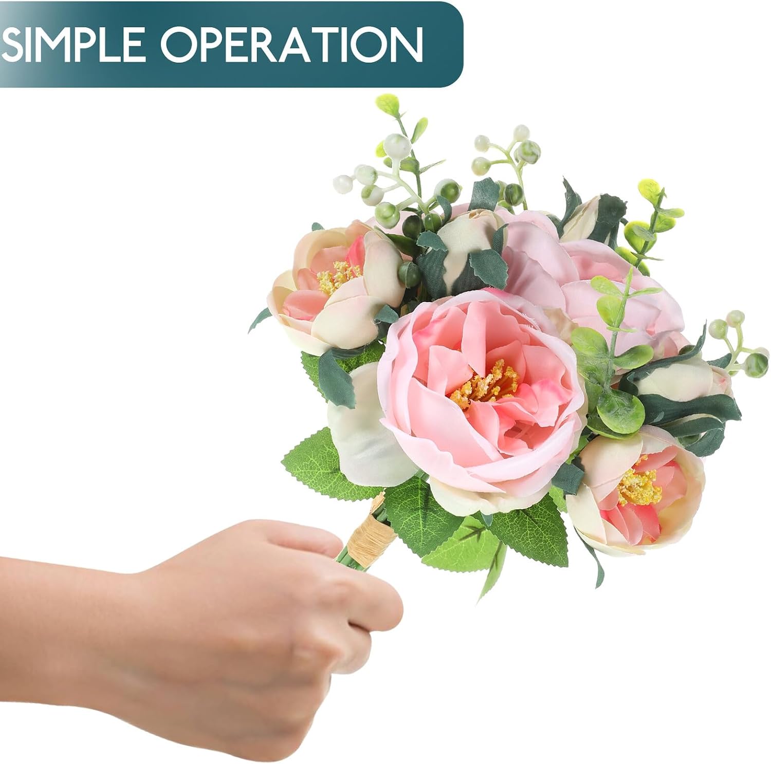 Wakauto Artificial Flower Bouquet 10-Head Faux Peony Bridal Wedding Handheld Bouquet Light Pink Romantic Table Centerpiece Decor for Home and Bedroom image 4