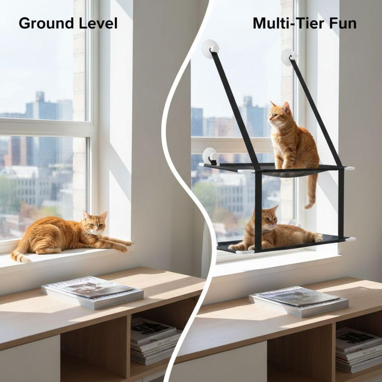 Hamac de fenêtre double couche noir pour chat, perchoir de fenêtre en maille respirante avec ventouses robustes, lit intérieur peu encombrant pour animal domestique