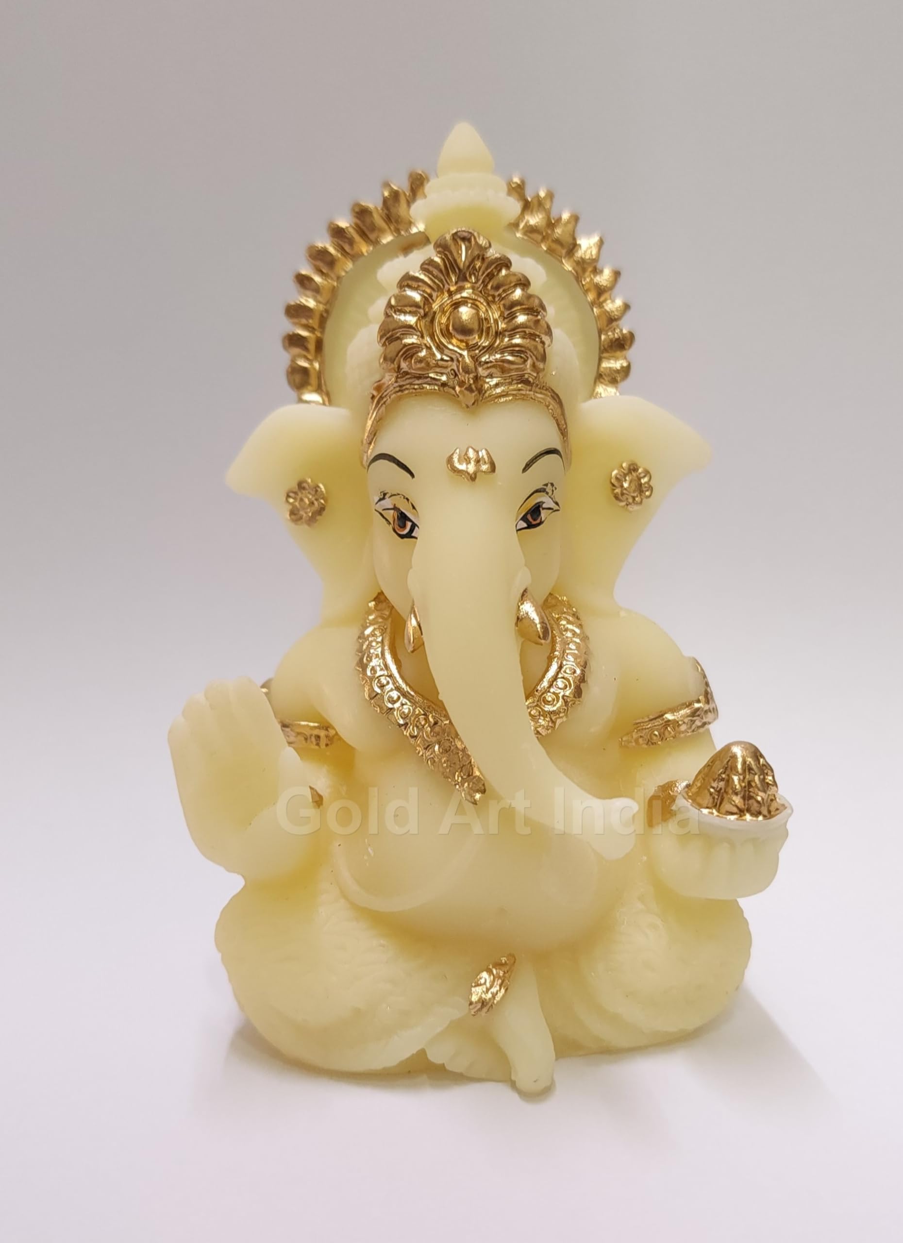 Gold Art India Resin Ivory Finish With Gold Color Ganesh Idol For Car Dashboard God Ganesha Idol For Home Decor Ganpati For Gift Car Dashboard, Office Desk, Home Decor, Gifting (Goldivorymukut 3.5")