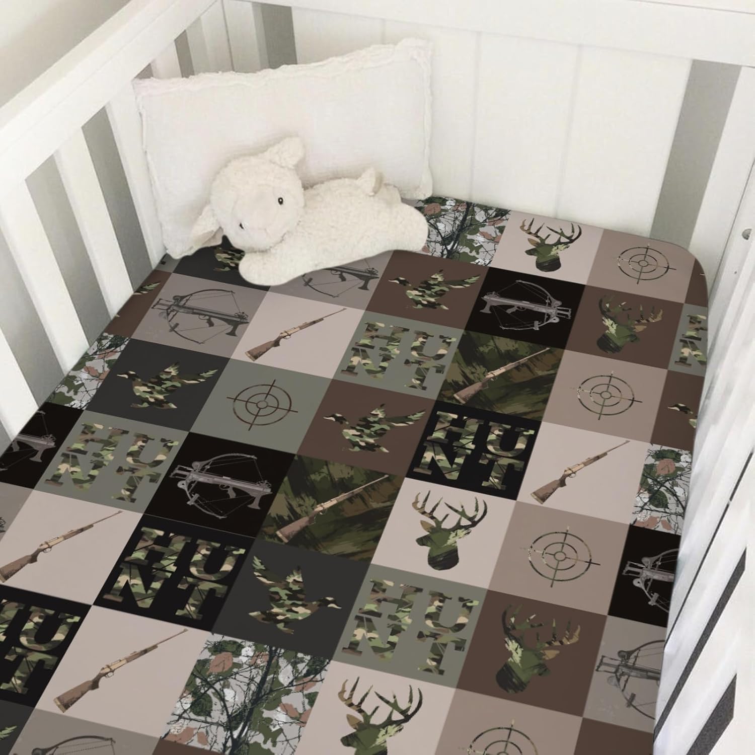 Hunting Patchwork Baby Crib Sheets for Boys Camouflage Deer Duck Hunt Soft Snug Fitted Crib Mattress Covers for 52''x28'' Standard Crib & Toddler Mattress Boy Men Hunting Lovers Gift Bed Sheets
