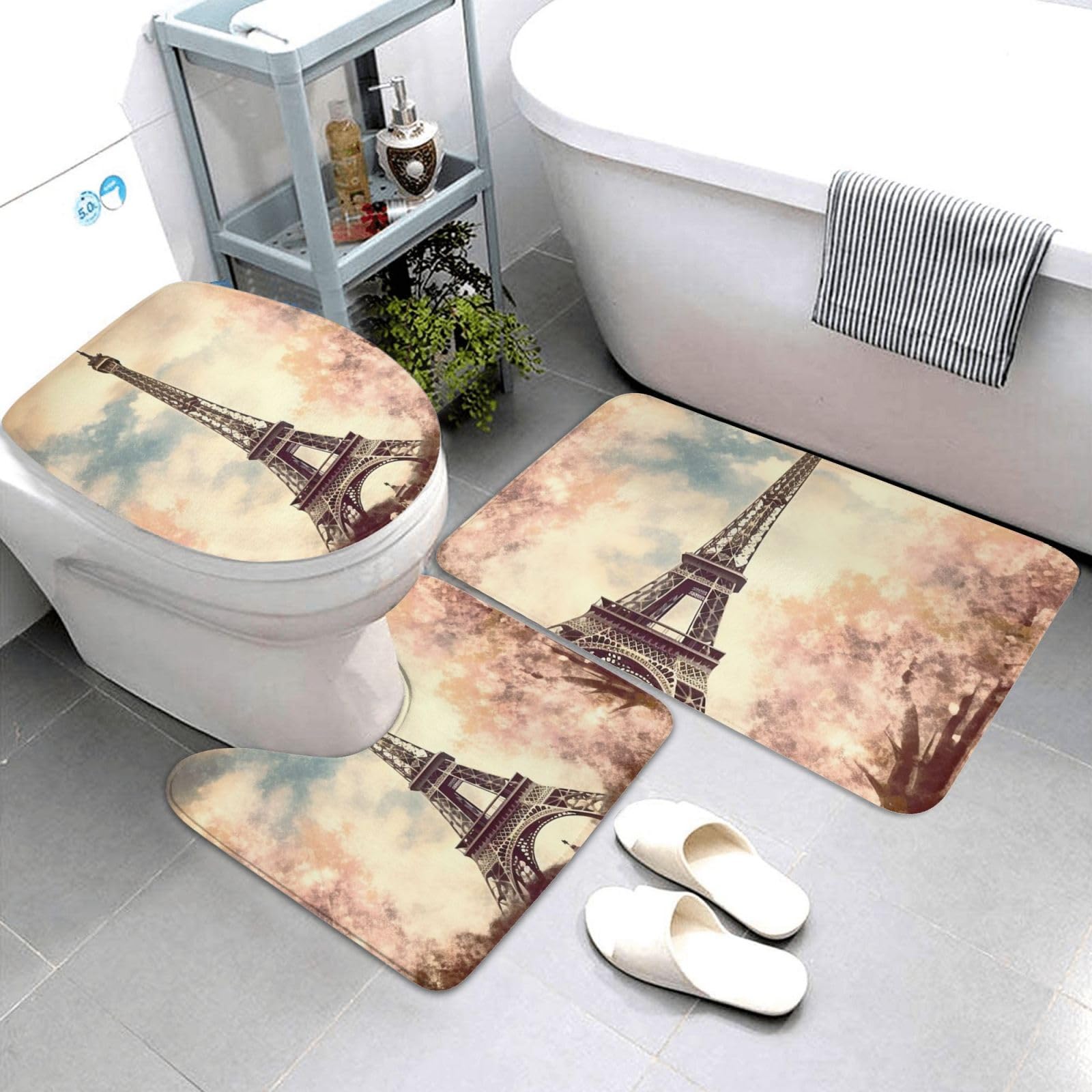 Dwrepo Vintage Style Eiffel Tower Paris Print Bathroom Rug Set 3 Piece with Non-Slip U-Shaped Contour Mat and Toilet Lid Cover for Bathroom Decoration