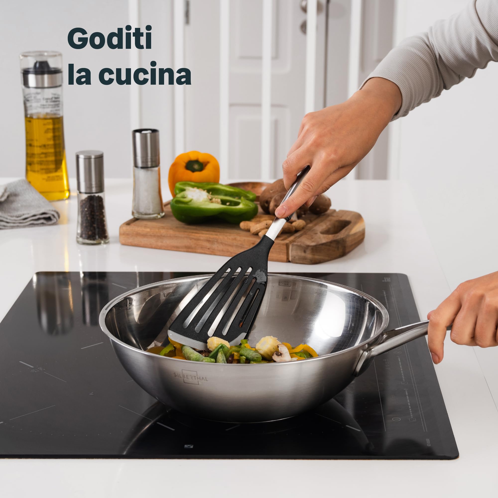 SILBERTHAL Wok acciaio inox 18/10 - Saltapasta 28 cm - Padella wok induzione - Pentola wok professionale