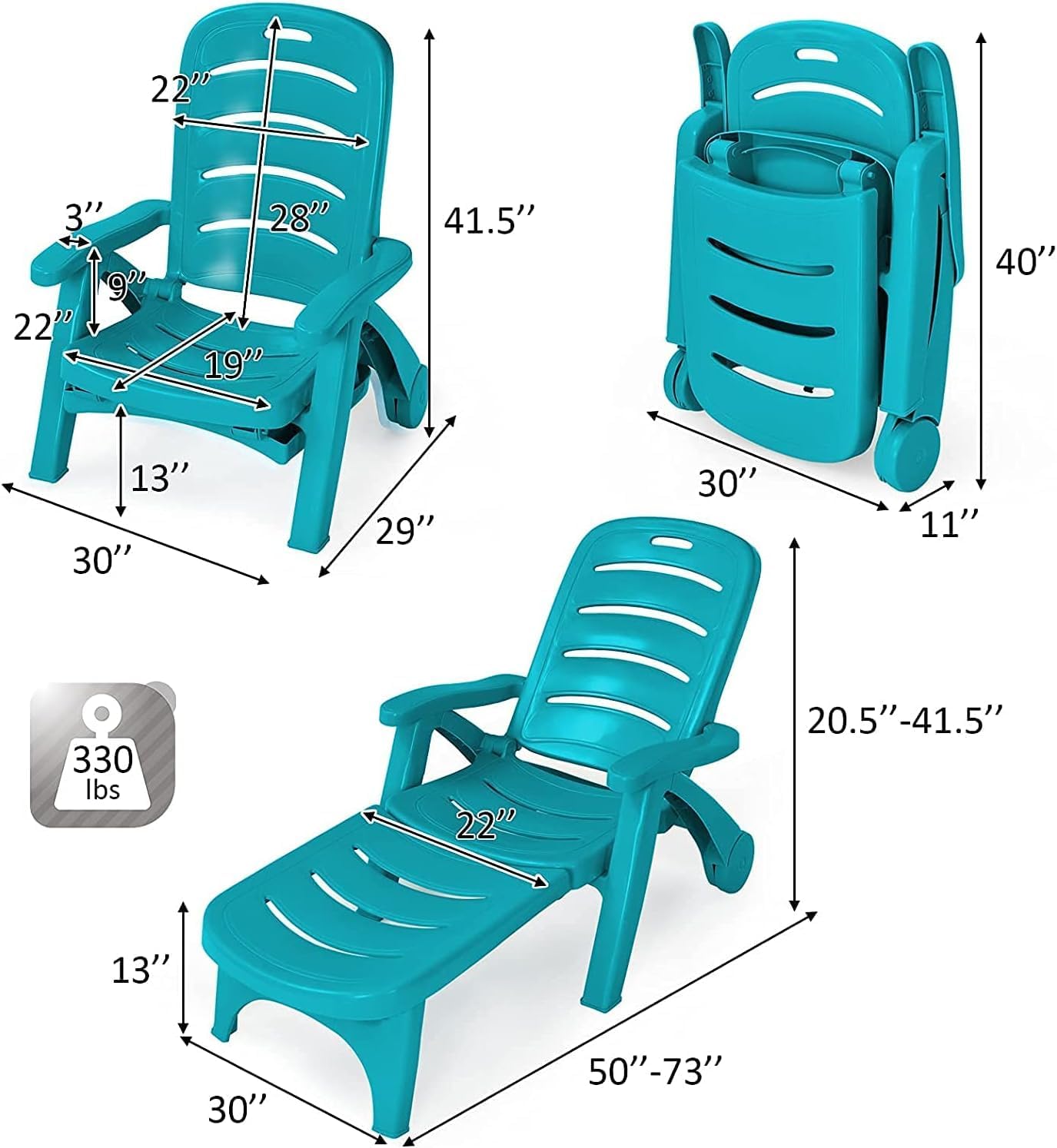 Moccha Adjustable Chaise Lounge, Plastic Folding Chaise Lounge Chair w/ 2 Rolling Wheels, 5-Adjustable Positions, Armrests, Patio Lounger for Poolside Yard Garden Sunbathing Beach Chair