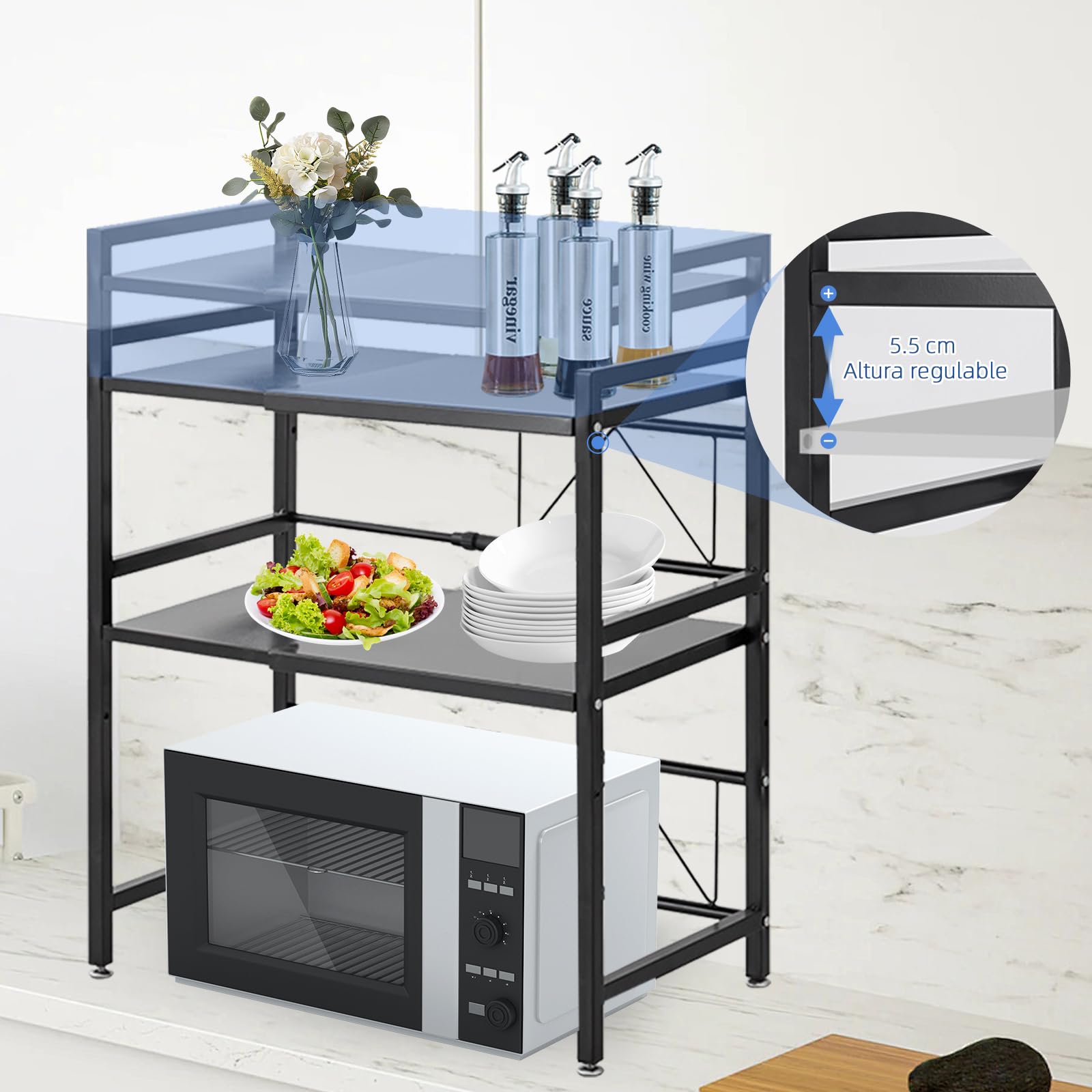 Estantería para microondas, 2 Niveles, Ajustable, 42 – 64 cm, 75 kg de Capacidad de Carga de Acero Inoxidable, Altura Regulable, Estante de Cocina con Gancho (Negro)
