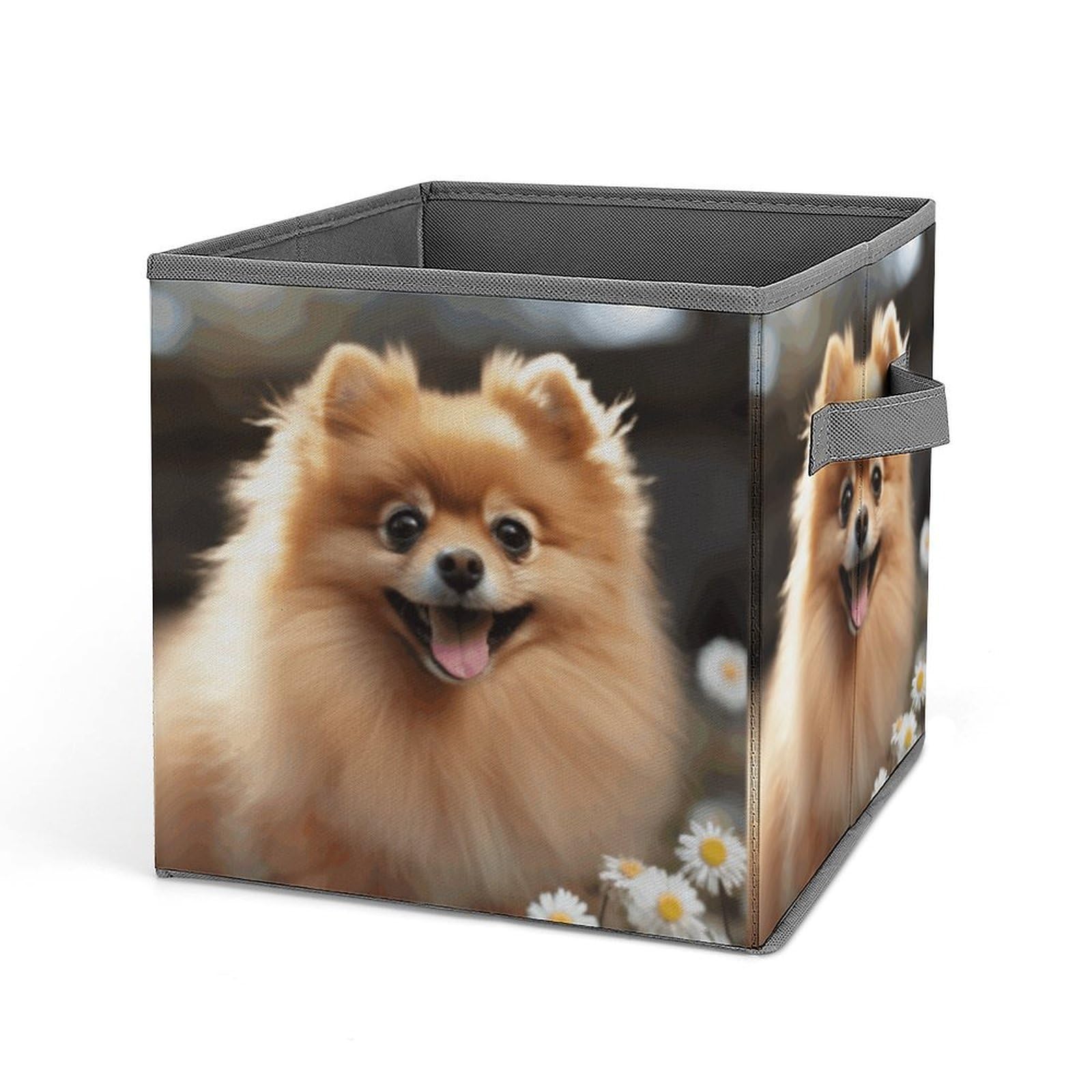 Pomeranian Dog Storage Baskets Collapsible, Exquisite Pattern Cube Box, Canvas Fabric Storage Bins with Handles, Clothe Organizer Box for Home Decorative Office Bedroom